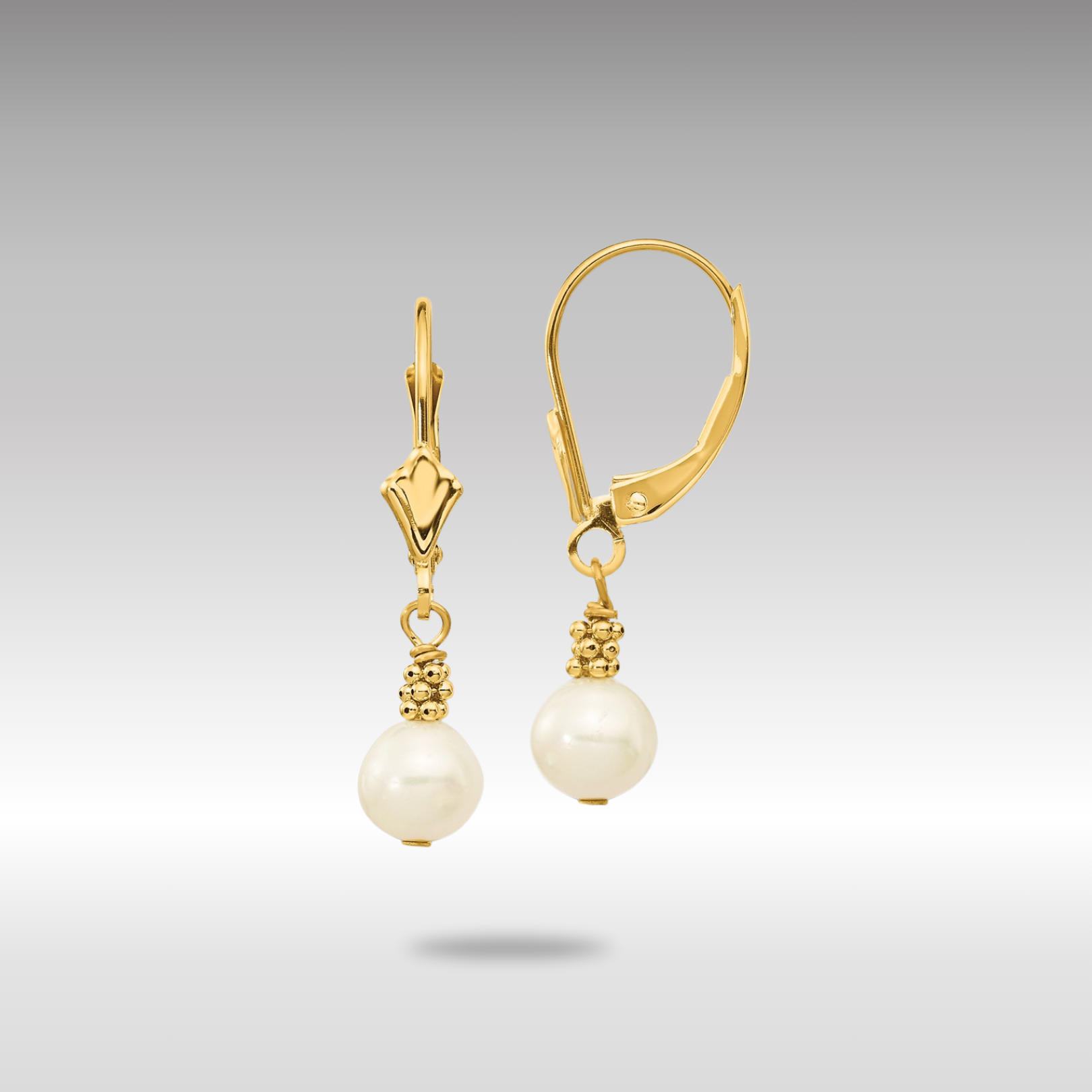 Gold 5-6mm White Semi-round Freshwater Cultured Pearl Leverback Earrings - Model XF208 - Charlie & Co. Jewelry