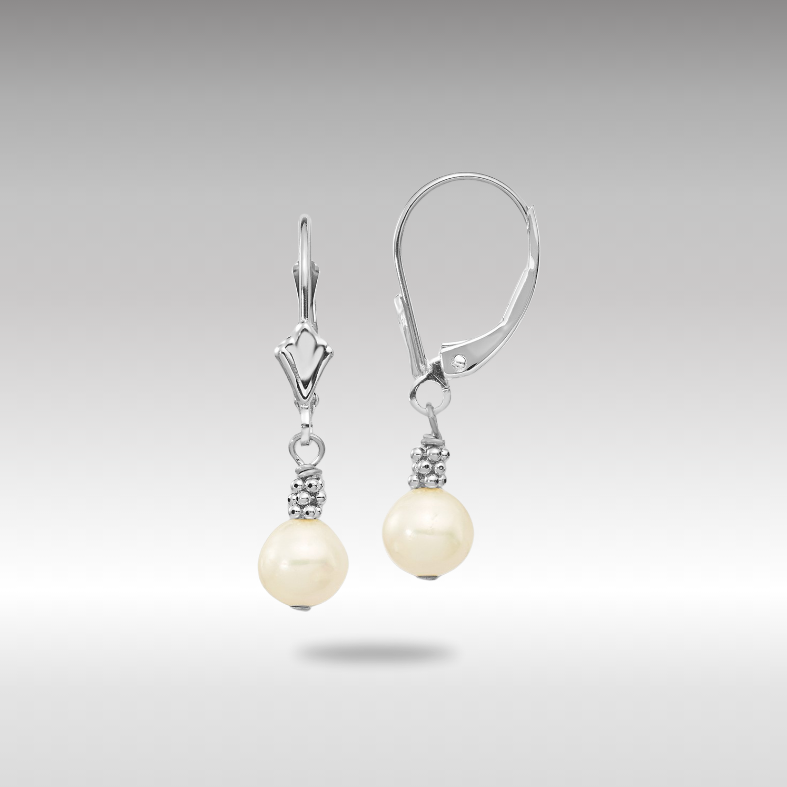 White Gold 5-6mm White Semi-round FWC Pearl Leverback Earrings - Model XF215 - Charlie & Co. Jewelry