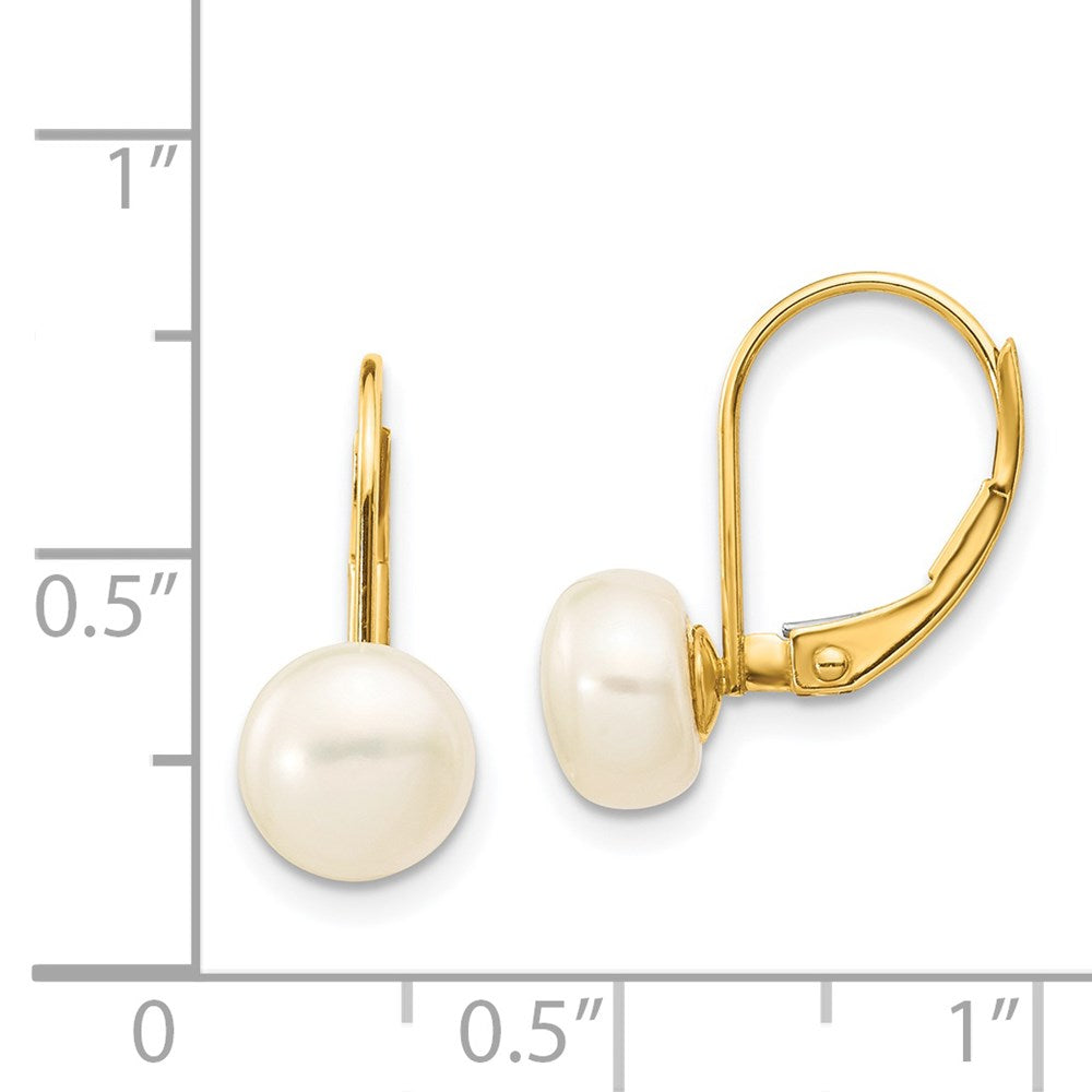 Gold 7-8mm White Button Freshwater Cultured Pearl Leverback Earrings - Model XF246E - Charlie & Co. Jewelry