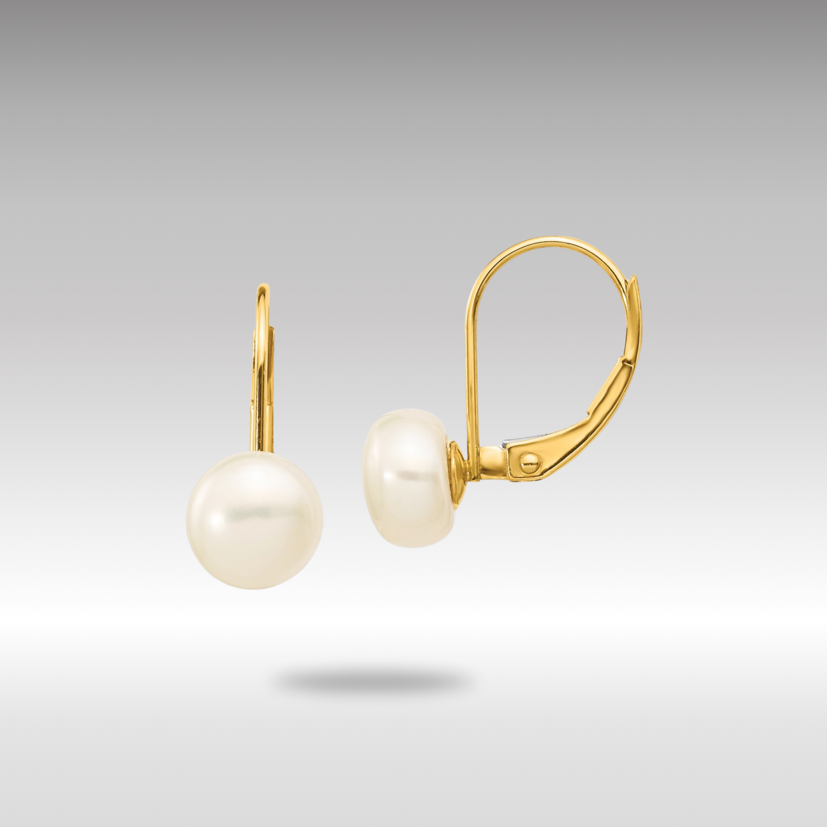 Gold 7-8mm White Button Freshwater Cultured Pearl Leverback Earrings - Model XF246E - Charlie & Co. Jewelry