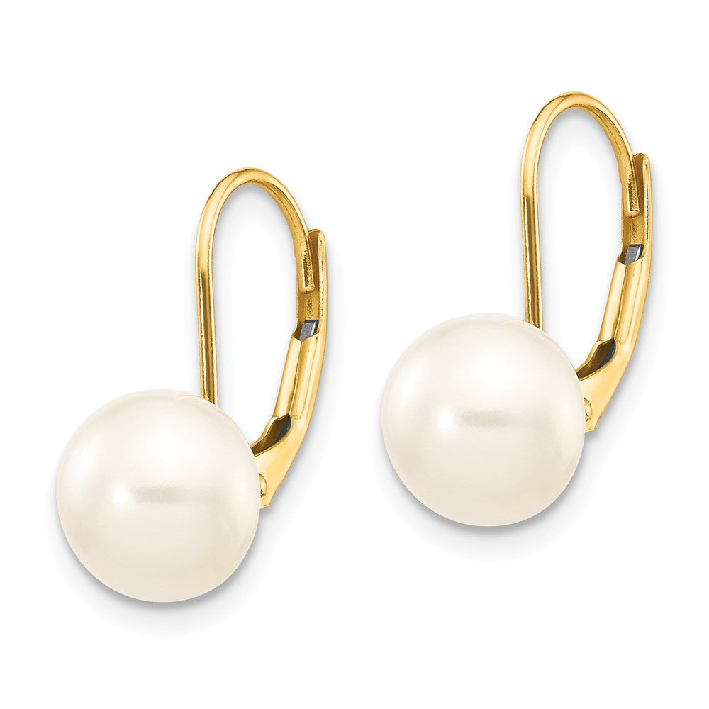 Gold 8-9mm White Button Freshwater Cultured Pearl Leverback Earrings - Model XF247E - Charlie & Co. Jewelry