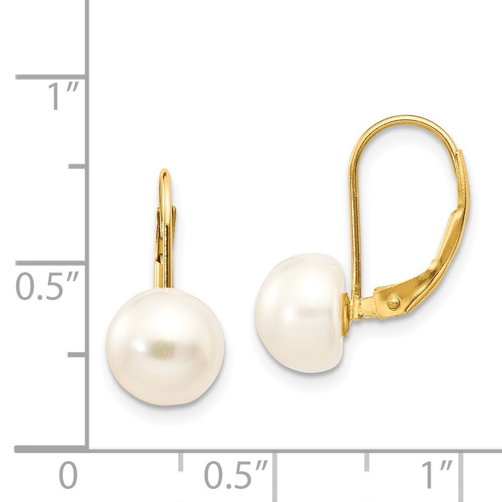 Gold 8-9mm White Button Freshwater Cultured Pearl Leverback Earrings - Model XF247E - Charlie & Co. Jewelry