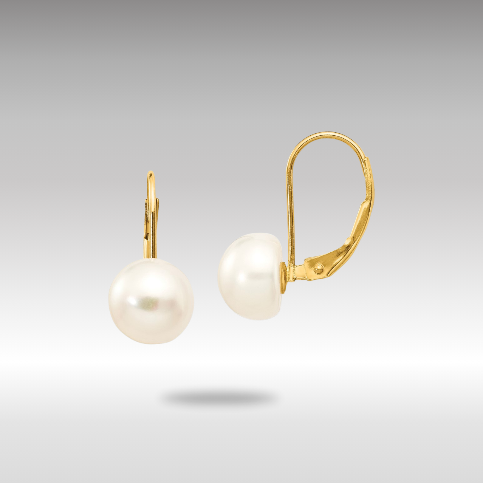 Gold 8-9mm White Button Freshwater Cultured Pearl Leverback Earrings - Model XF247E - Charlie & Co. Jewelry