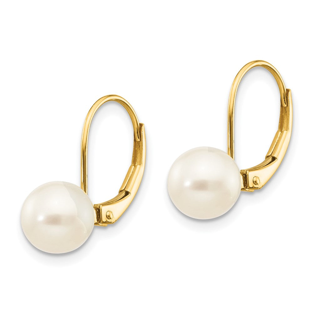 Gold 7-8mm White Round Freshwater Cultured Pearl Leverback Earrings - Model XF266E - Charlie & Co. Jewelry