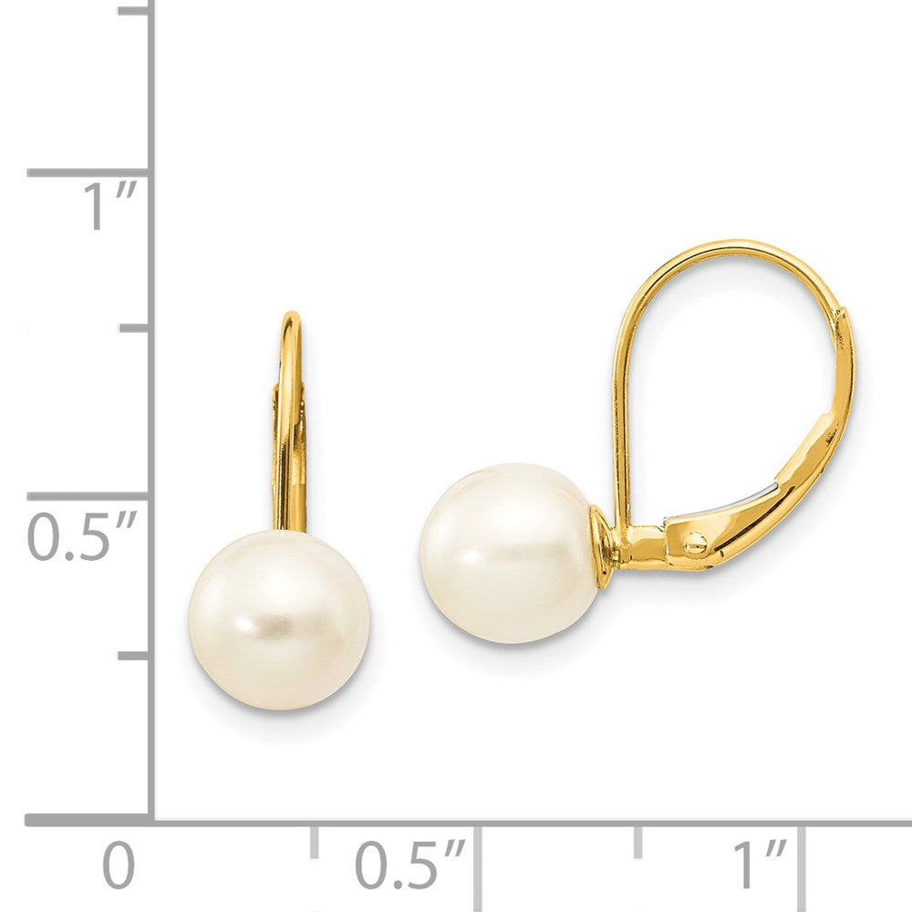 Gold 7-8mm White Round Freshwater Cultured Pearl Leverback Earrings - Model XF266E - Charlie & Co. Jewelry