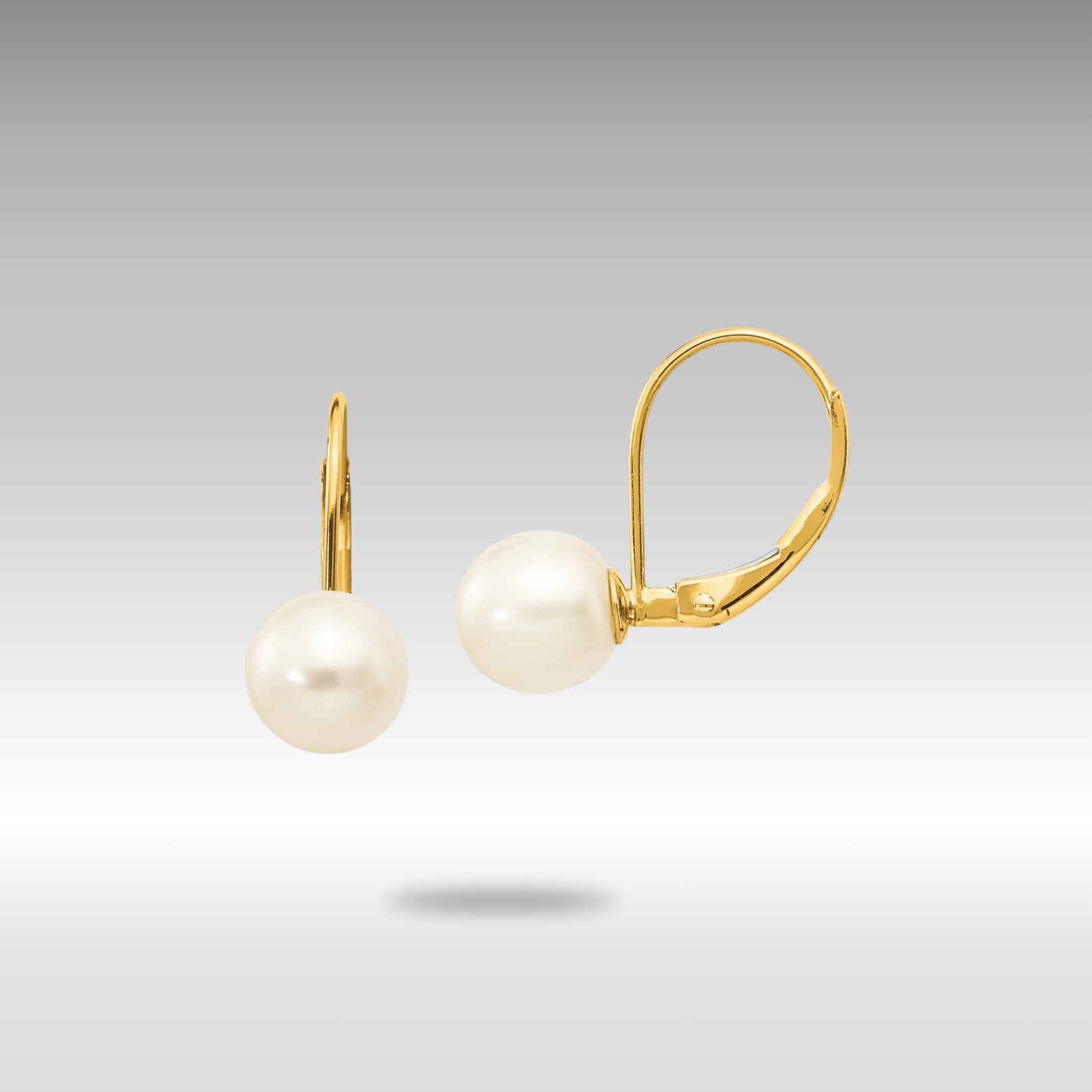 Gold 7-8mm White Round Freshwater Cultured Pearl Leverback Earrings - Model XF266E - Charlie & Co. Jewelry