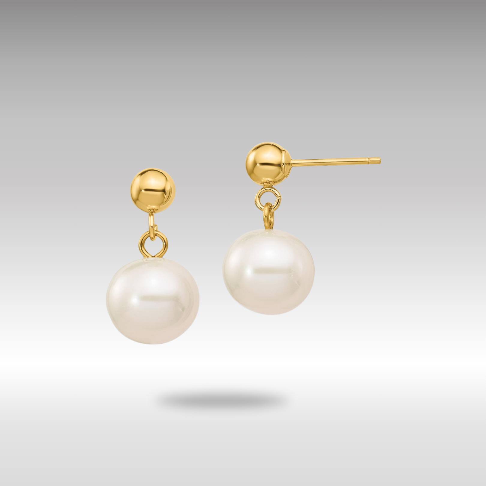 Gold 8-8.5mm White Round Freshwater Cultured Pearl Dangle Post Earrings - Model XF570 - Charlie & Co. Jewelry