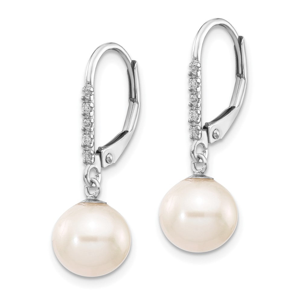 White Gold 8-9mm Round FWC Pearl .05ct Diamond Leverback Earrings Model-XF571 - Charlie & Co. Jewelry