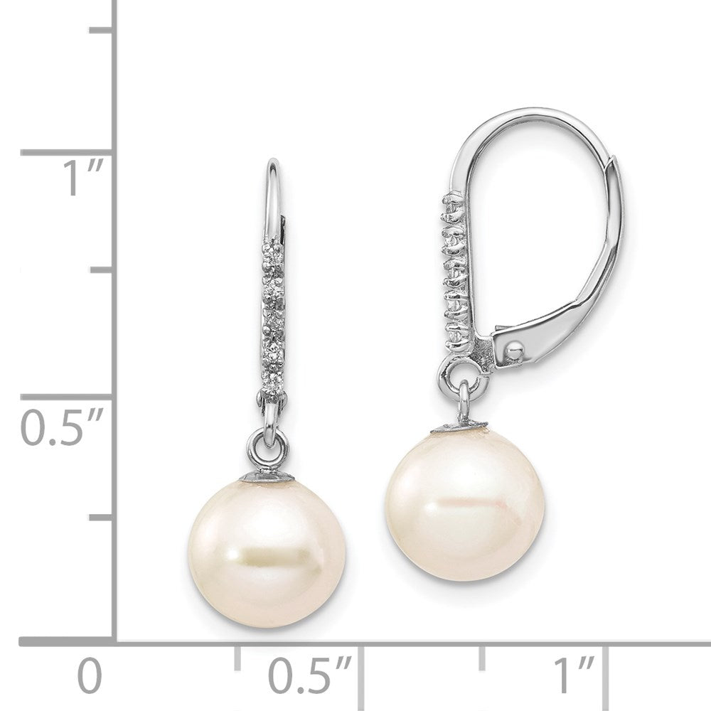 White Gold 8-9mm Round FWC Pearl .05ct Diamond Leverback Earrings Model-XF571 - Charlie & Co. Jewelry