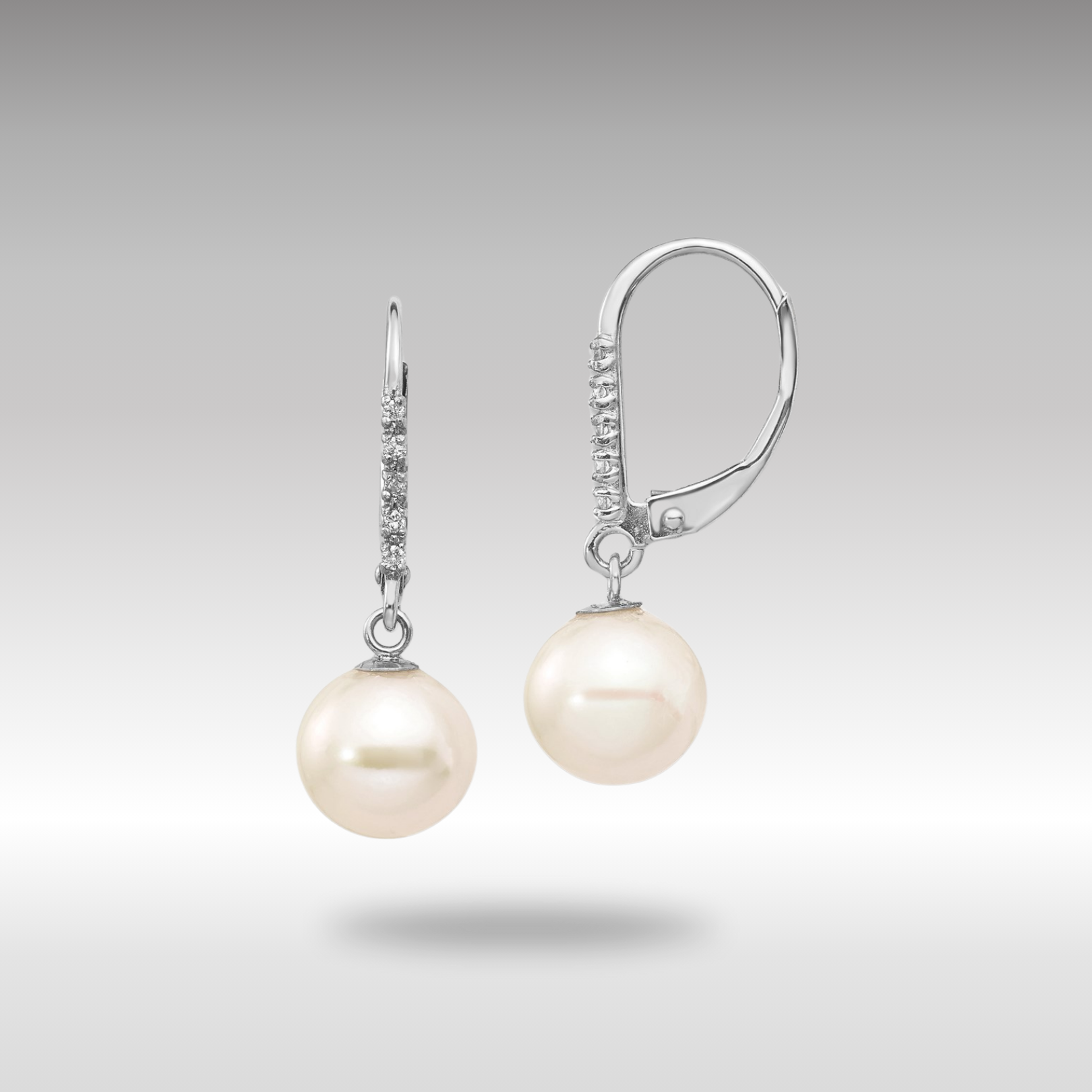 White Gold 8-9mm Round FWC Pearl .05ct Diamond Leverback Earrings Model-XF571 - Charlie & Co. Jewelry