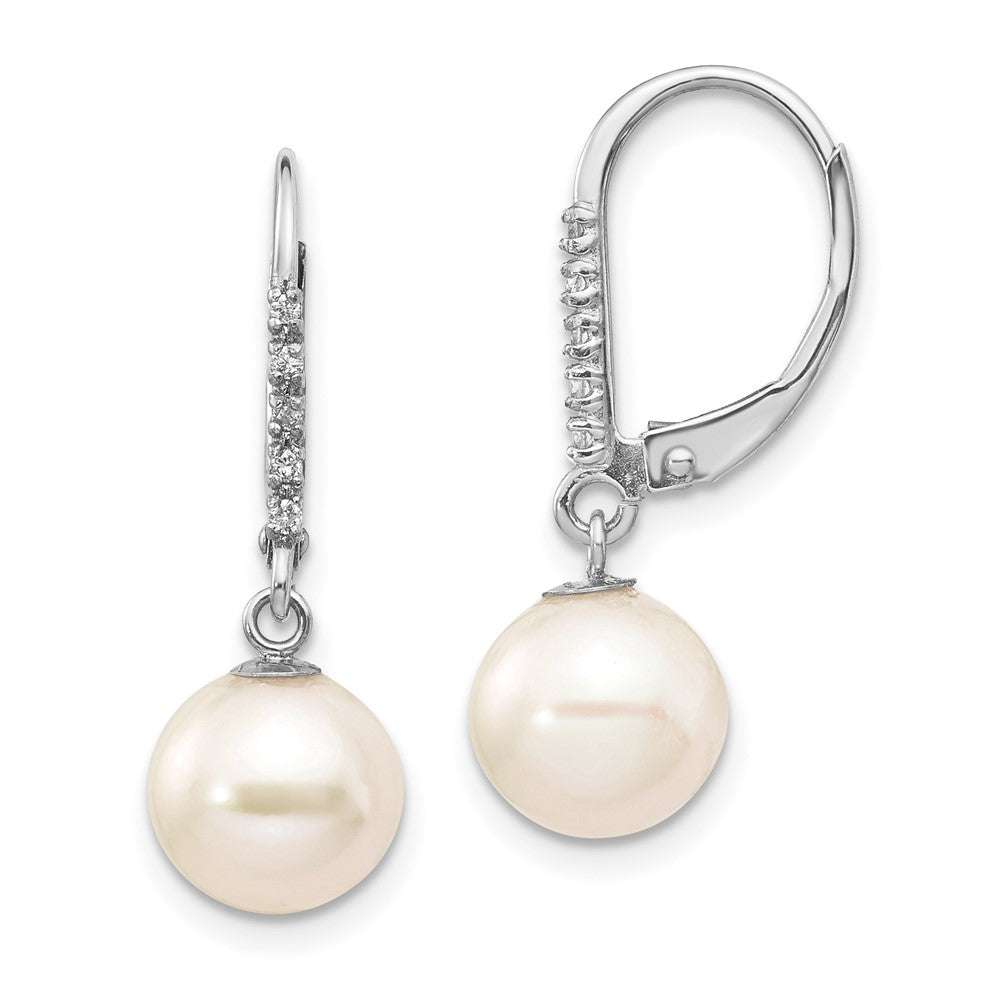 White Gold 8-9mm Round FWC Pearl .05ct Diamond Leverback Earrings Model-XF571 - Charlie & Co. Jewelry