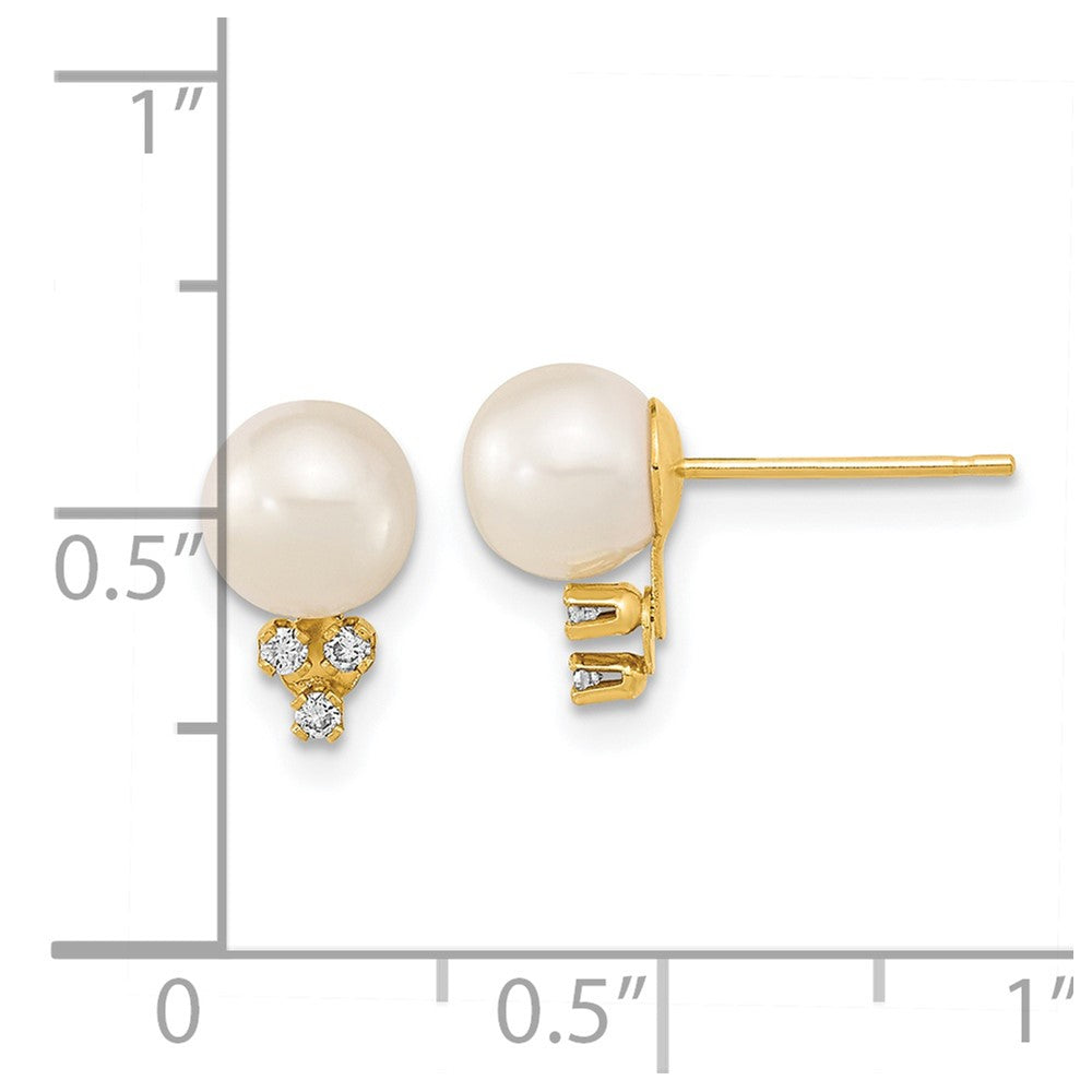 Gold 6-7mm White Round Freshwater Cultured Pearl .06ct Diamond Post Earrings - Model XF647E - Charlie & Co. Jewelry