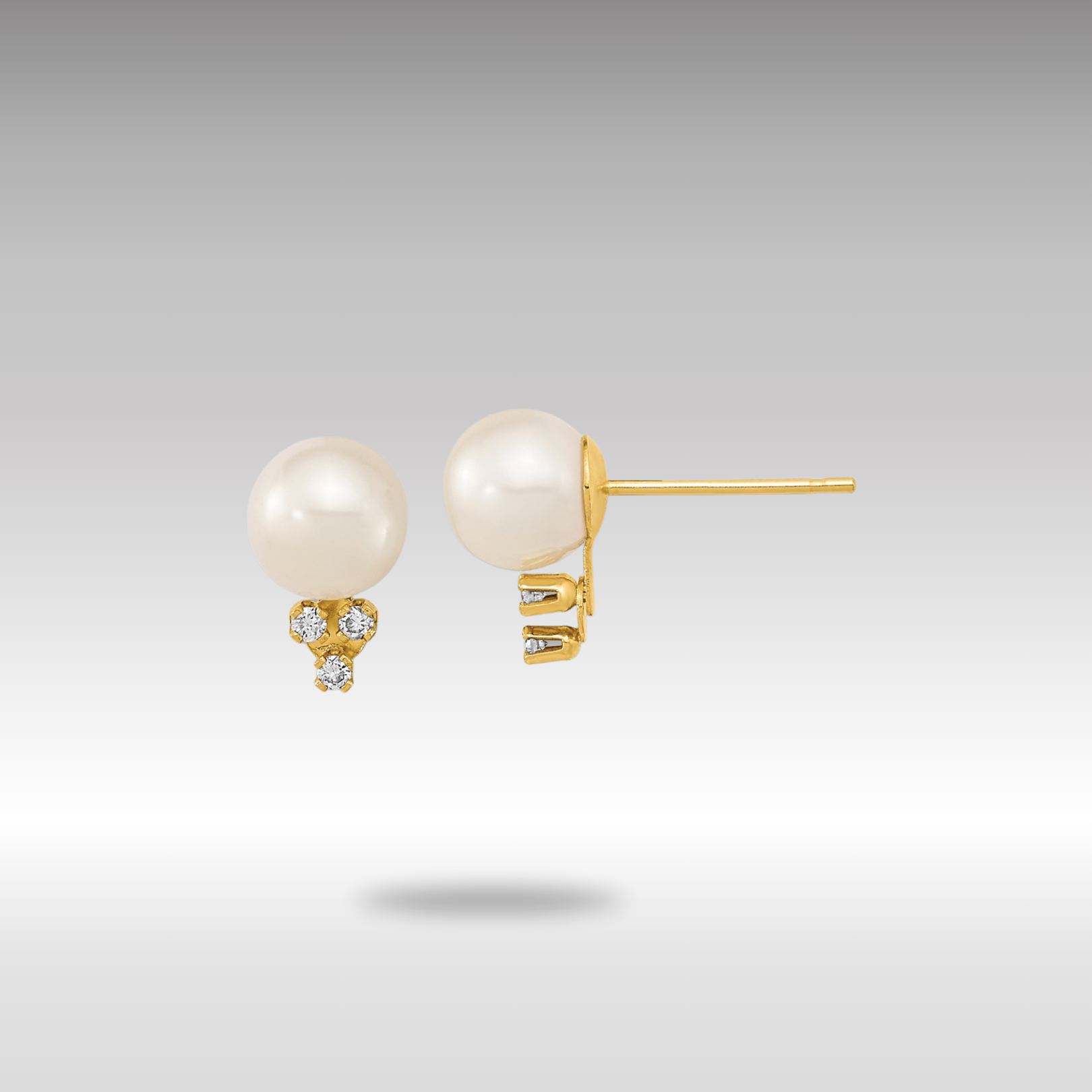 Gold 6-7mm White Round Freshwater Cultured Pearl .06ct Diamond Post Earrings - Model XF647E - Charlie & Co. Jewelry