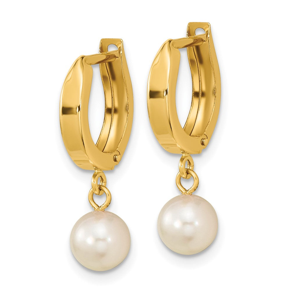 Gold 6-7mm White Round Akoya Saltwater Cultured Pearl Hoop Dangle Earrings - Model XF650E - Charlie & Co. Jewelry