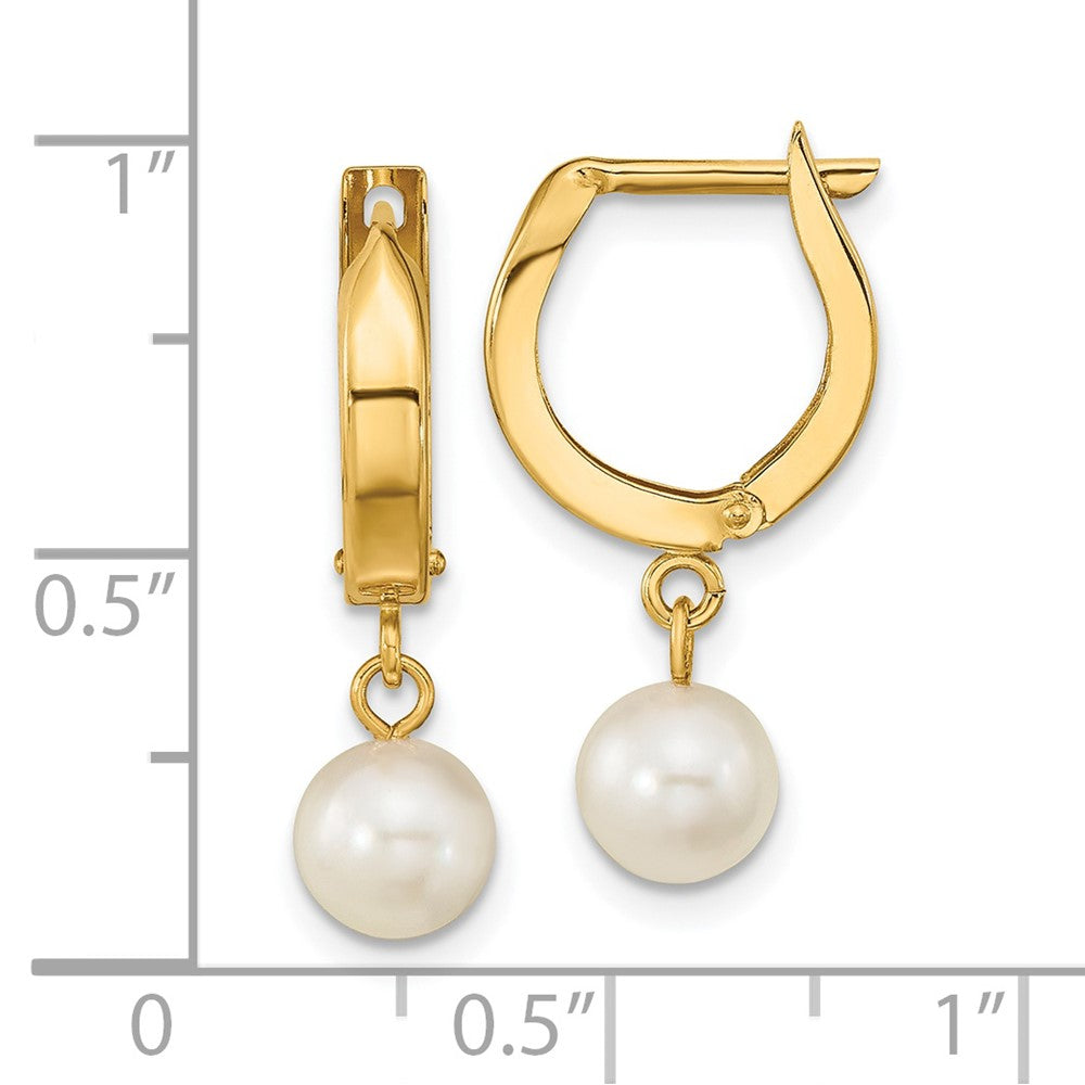 Gold 6-7mm White Round Akoya Saltwater Cultured Pearl Hoop Dangle Earrings - Model XF650E - Charlie & Co. Jewelry