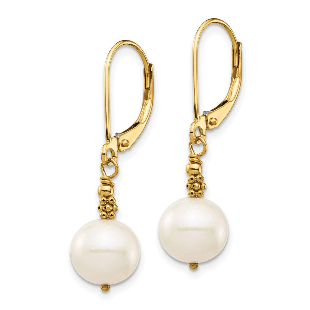 Gold 8-9mm Near Round White FWC Pearl Leverback Earrings - Model XF654E - Charlie & Co. Jewelry