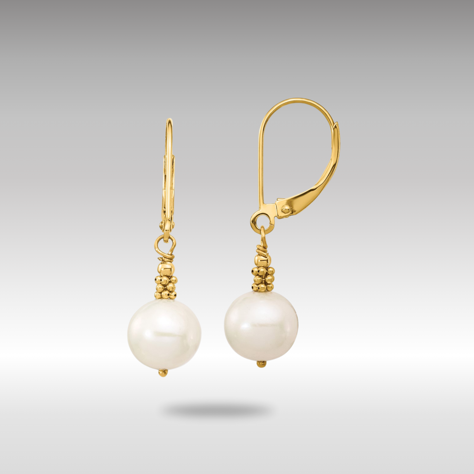 Gold 8-9mm Near Round White FWC Pearl Leverback Earrings - Model XF654E - Charlie & Co. Jewelry