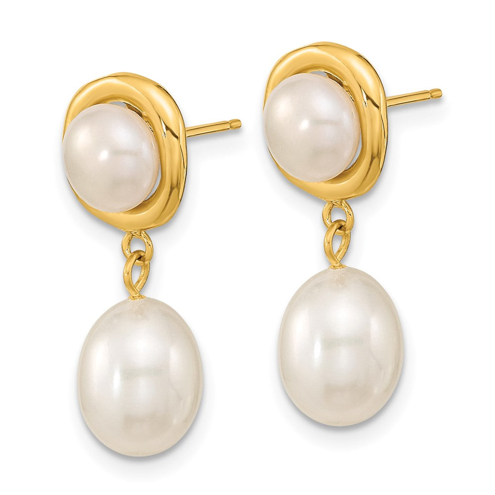 Gold 5-7mm White Button/Rice Freshwater Cultured Pearl Dangle Post Earrings - Model XF669E - Charlie & Co. Jewelry