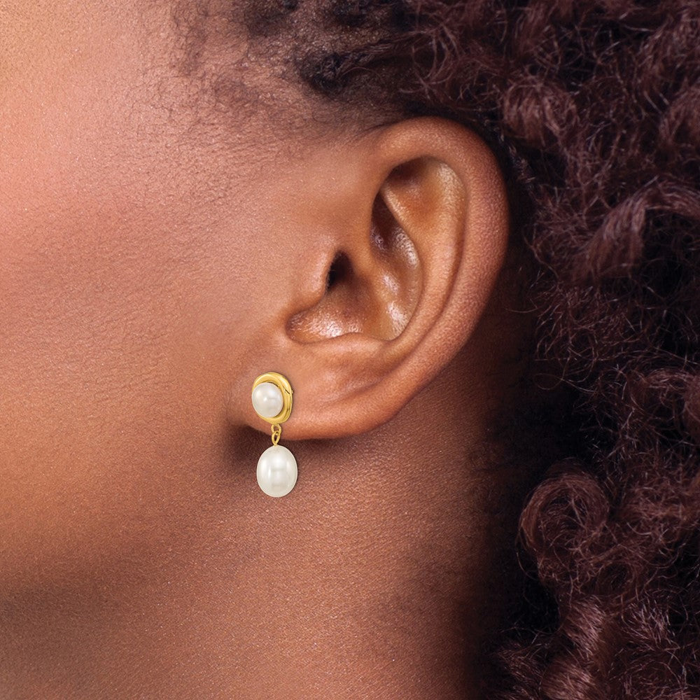 Gold 5-7mm White Button/Rice Freshwater Cultured Pearl Dangle Post Earrings - Model XF669E - Charlie & Co. Jewelry