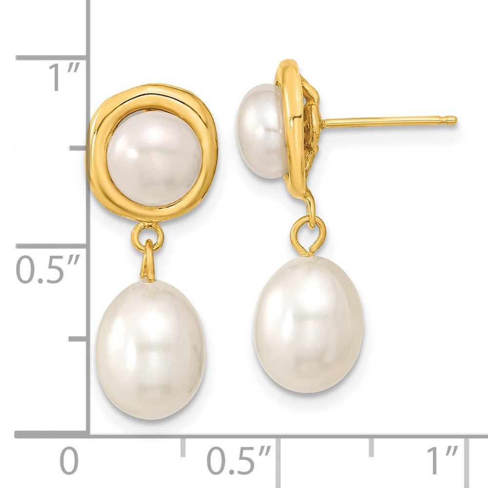 Gold 5-7mm White Button/Rice Freshwater Cultured Pearl Dangle Post Earrings - Model XF669E - Charlie & Co. Jewelry