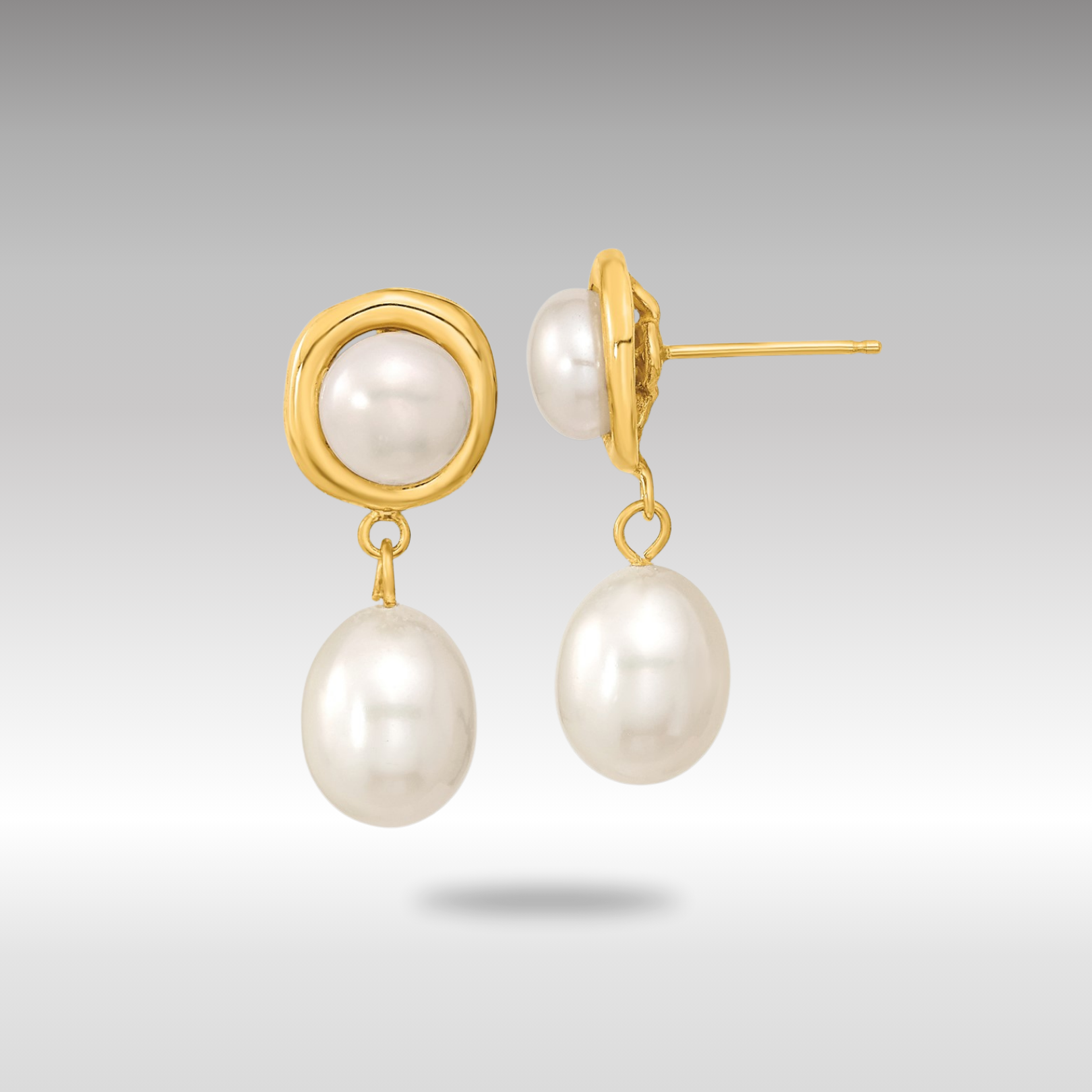 Gold 5-7mm White Button/Rice Freshwater Cultured Pearl Dangle Post Earrings - Model XF669E - Charlie & Co. Jewelry