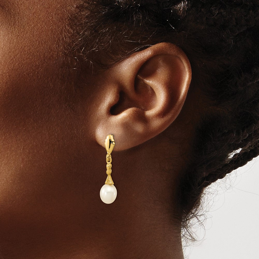 Gold 5-6mm White Teardrop Freshwater Cultured Pearl Dangle Post Earrings - Model XF675E - Charlie & Co. Jewelry