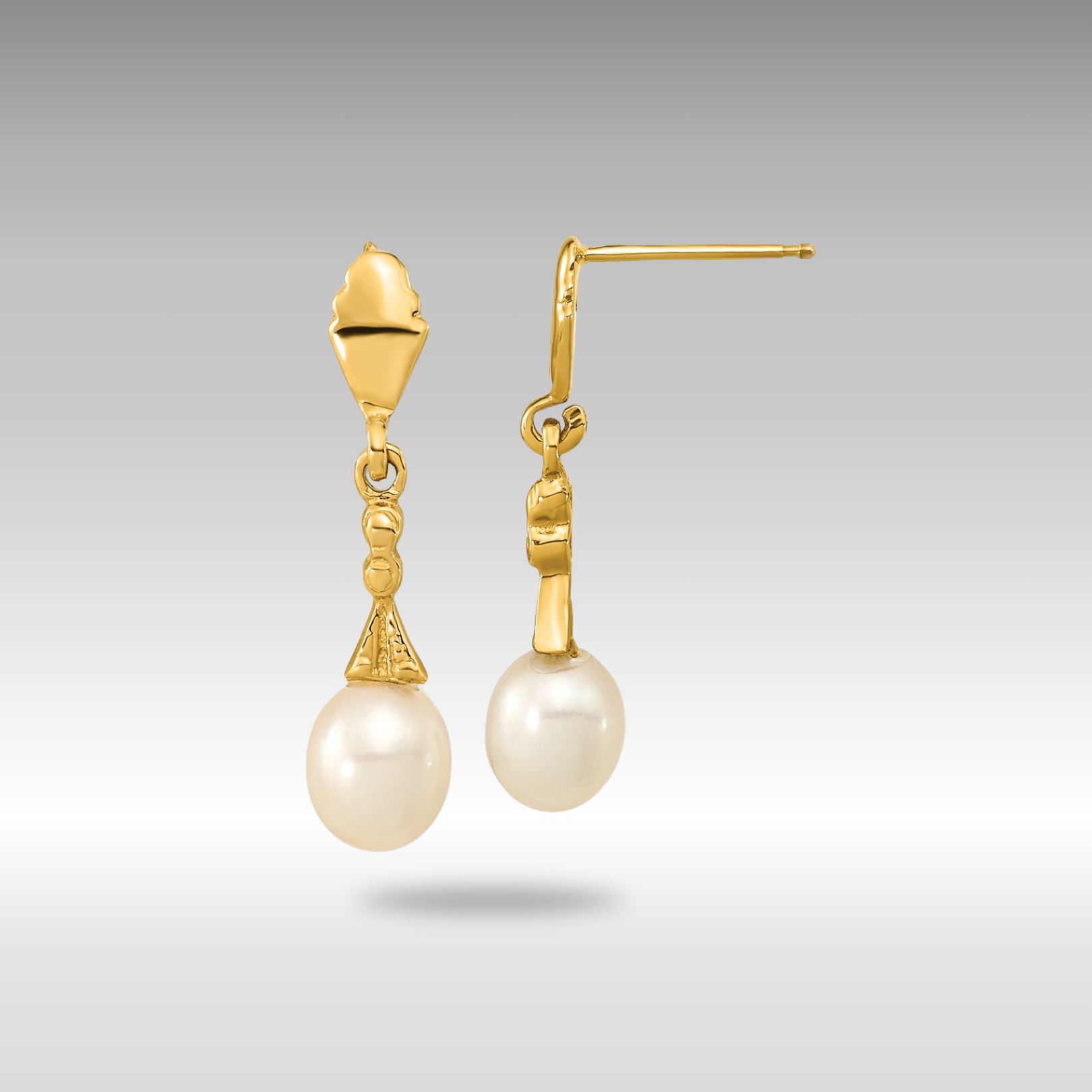 Gold 5-6mm White Teardrop Freshwater Cultured Pearl Dangle Post Earrings - Model XF675E - Charlie & Co. Jewelry