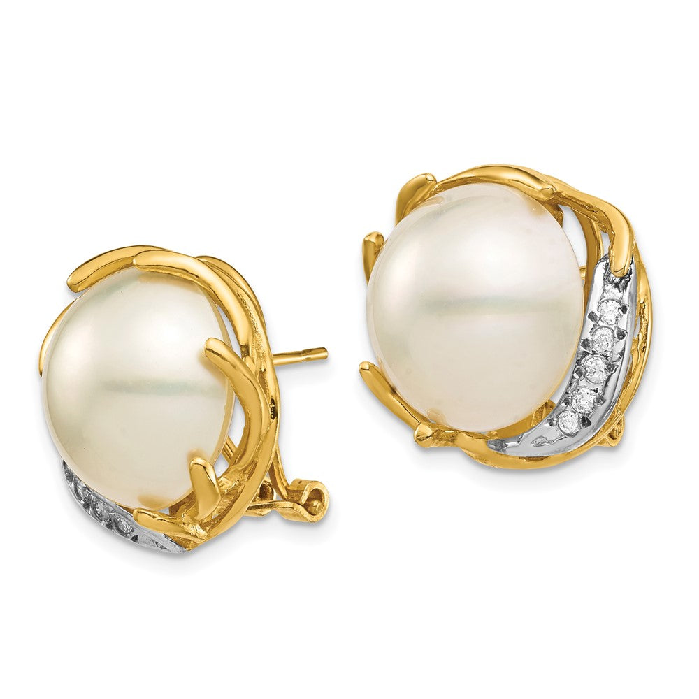 Gold 12-13mm Saltwater Cultured Mabe Pearl .10ct Diamond Omega Back Earrings - Model XF686E - Charlie & Co. Jewelry