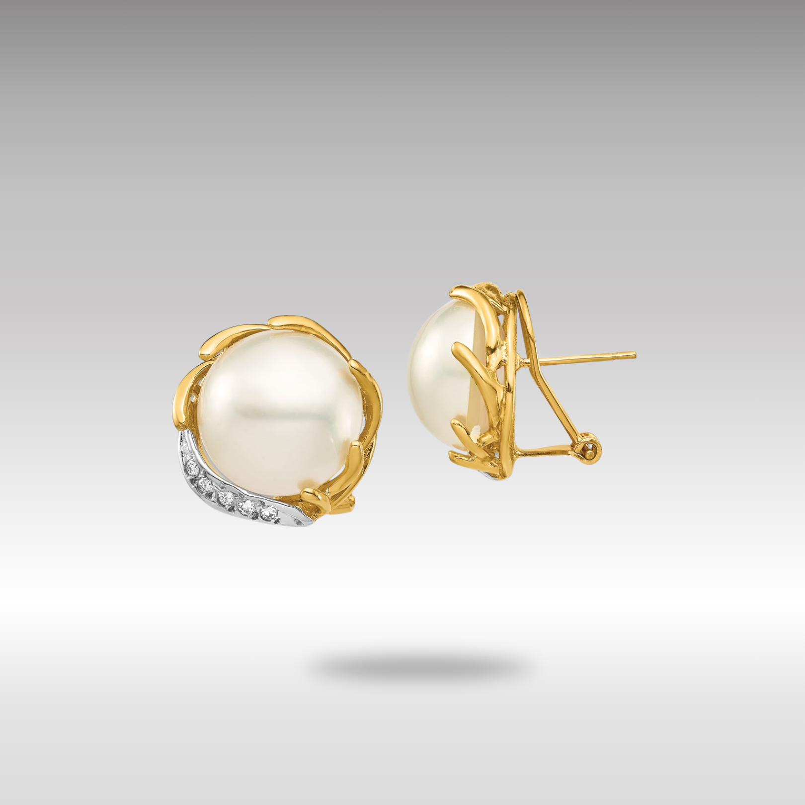 Gold 12-13mm Saltwater Cultured Mabe Pearl .10ct Diamond Omega Back Earrings - Model XF686E - Charlie & Co. Jewelry