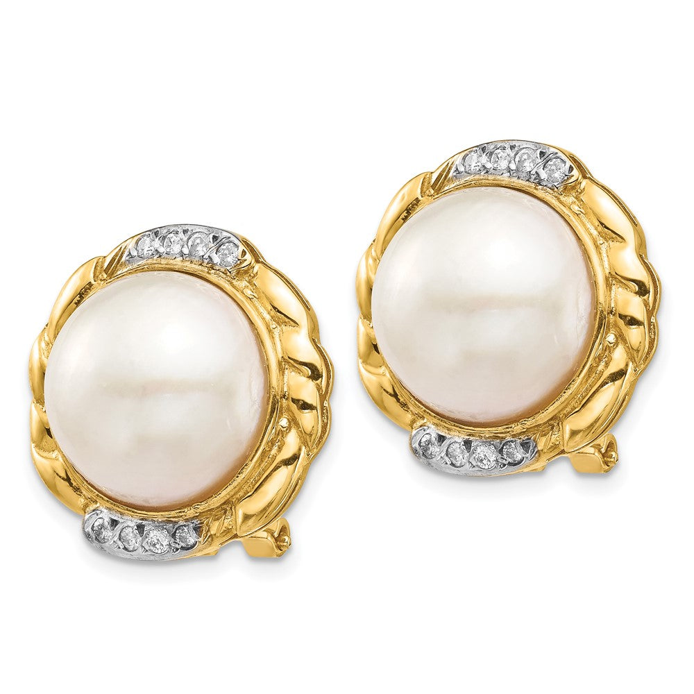 Gold 13-14mm White Saltwater Cultur Mabe Pearl .16ct Dia Omega Back Earrings - Model XF688E - Charlie & Co. Jewelry