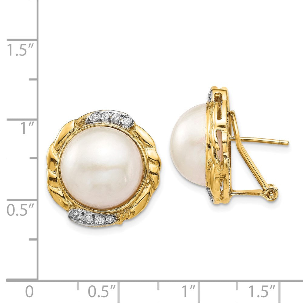 Gold 13-14mm White Saltwater Cultur Mabe Pearl .16ct Dia Omega Back Earrings - Model XF688E - Charlie & Co. Jewelry