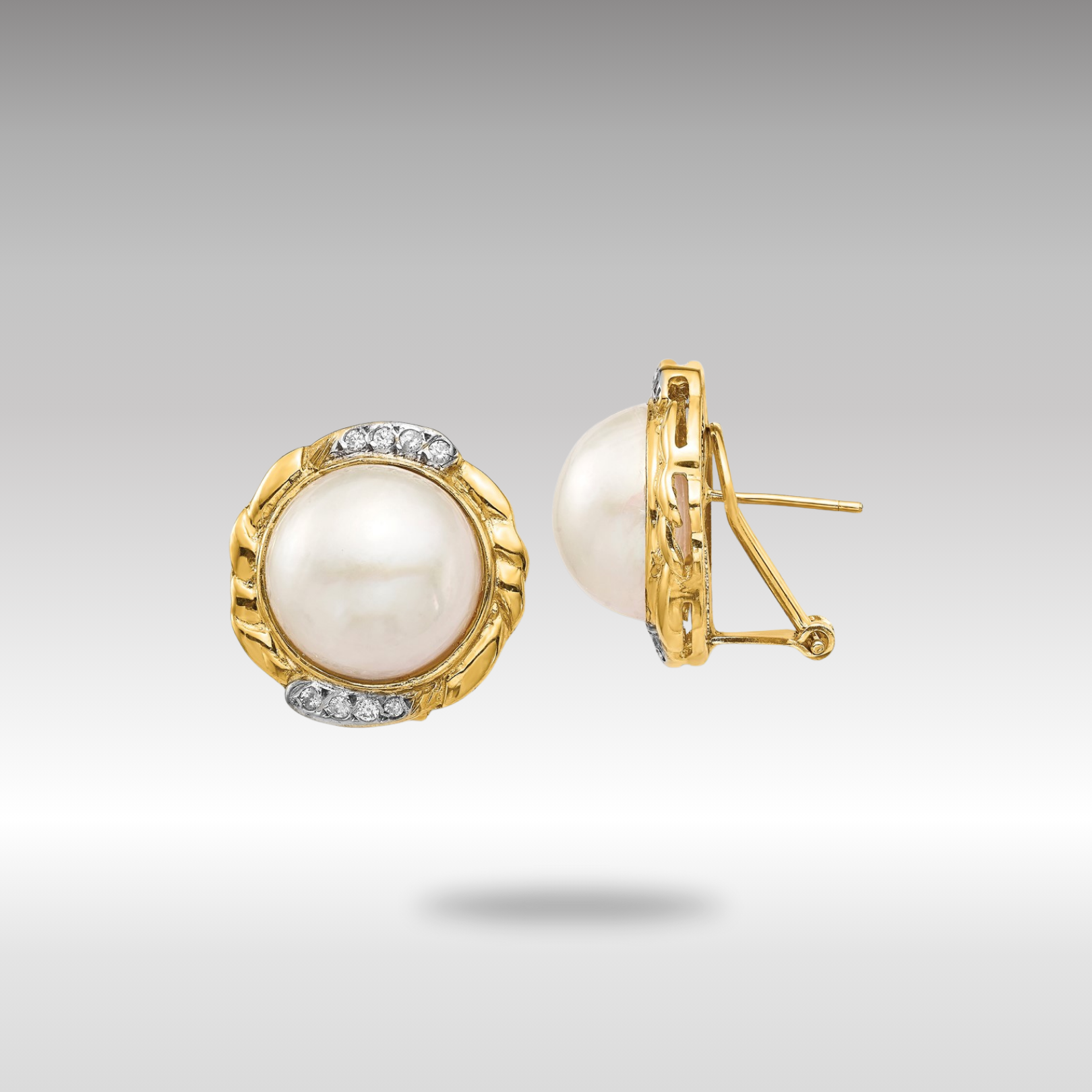 Gold 13-14mm White Saltwater Cultur Mabe Pearl .16ct Dia Omega Back Earrings - Model XF688E - Charlie & Co. Jewelry