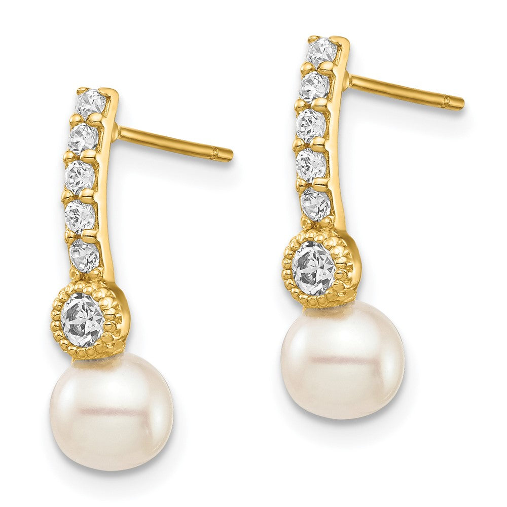 Gold 6mm White Semi-round Freshwater Cultured Pearl CZ Post Drop Earrings - Model XF692E - Charlie & Co. Jewelry