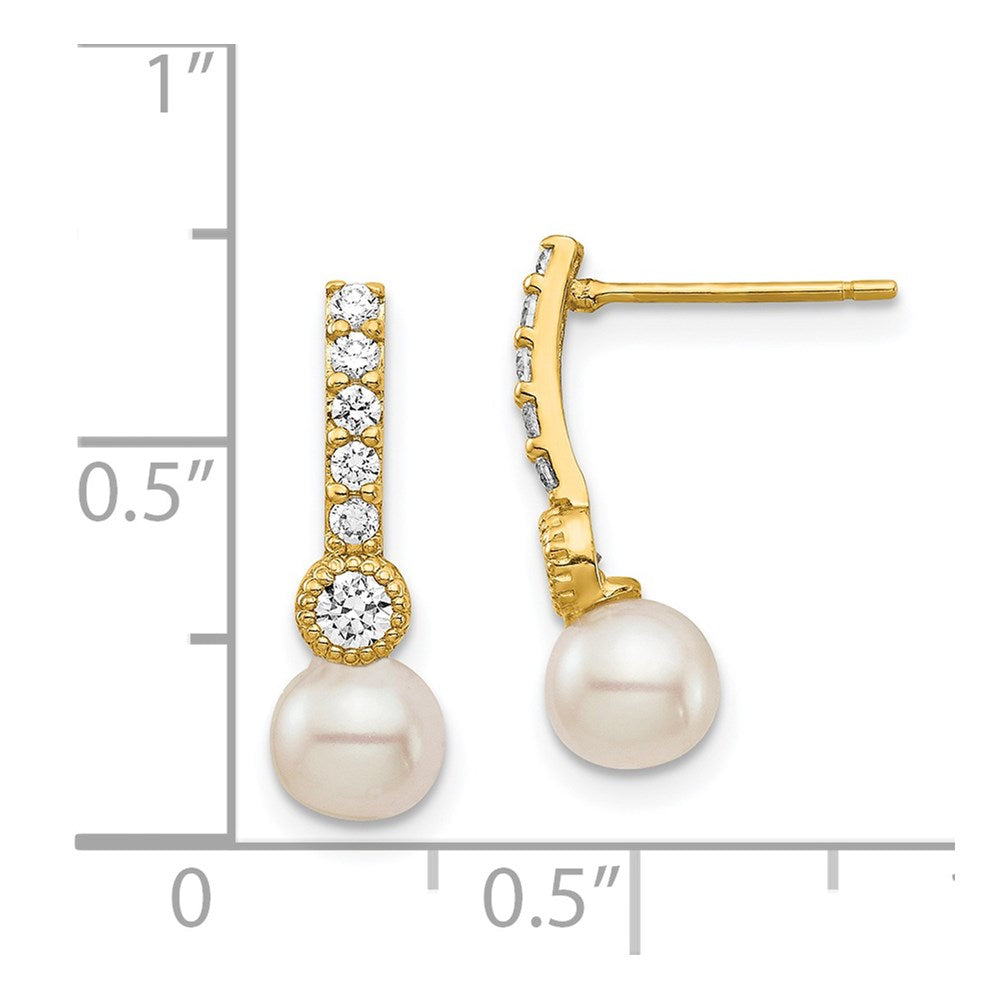 Gold 6mm White Semi-round Freshwater Cultured Pearl CZ Post Drop Earrings - Model XF692E - Charlie & Co. Jewelry