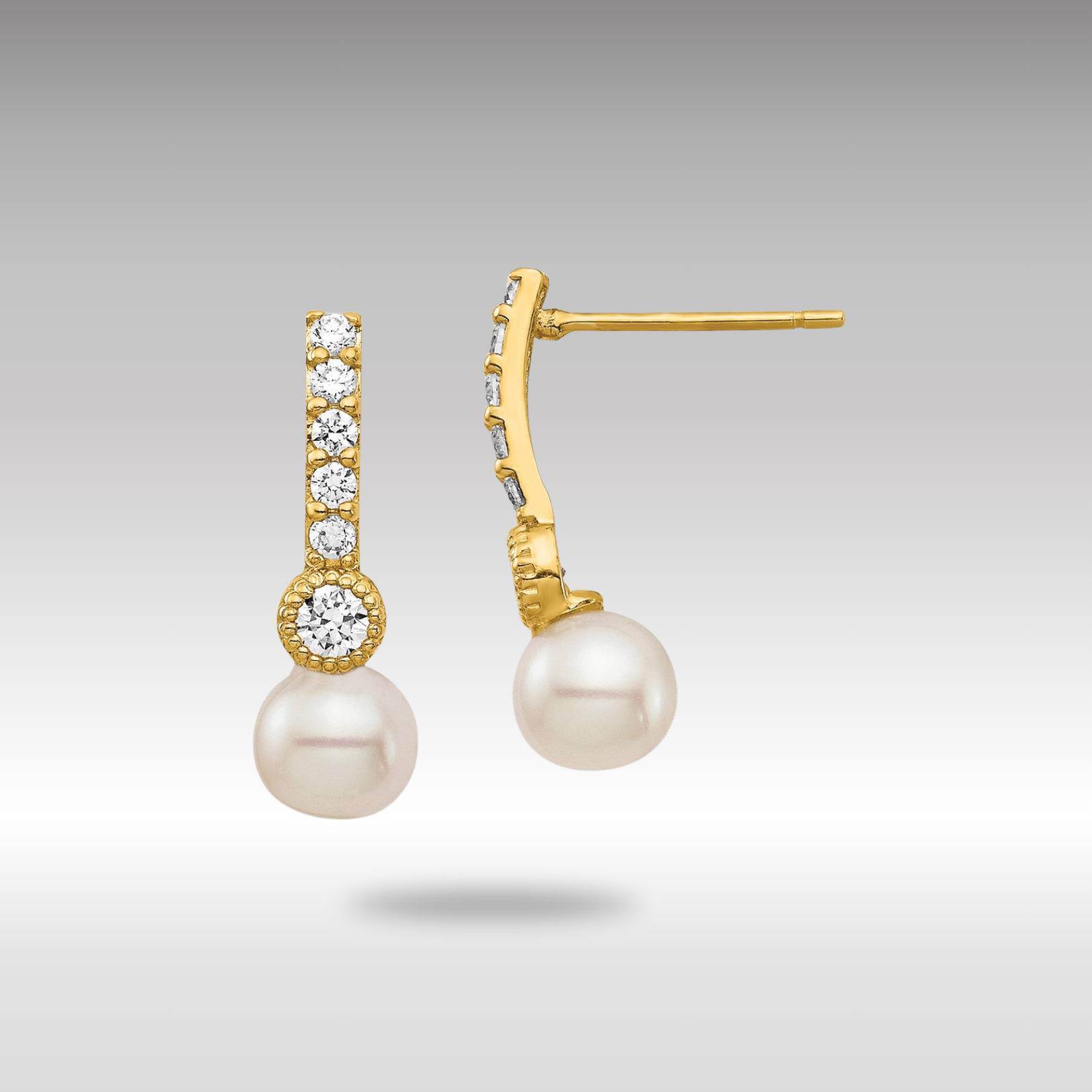 Gold 6mm White Semi-round Freshwater Cultured Pearl CZ Post Drop Earrings - Model XF692E - Charlie & Co. Jewelry