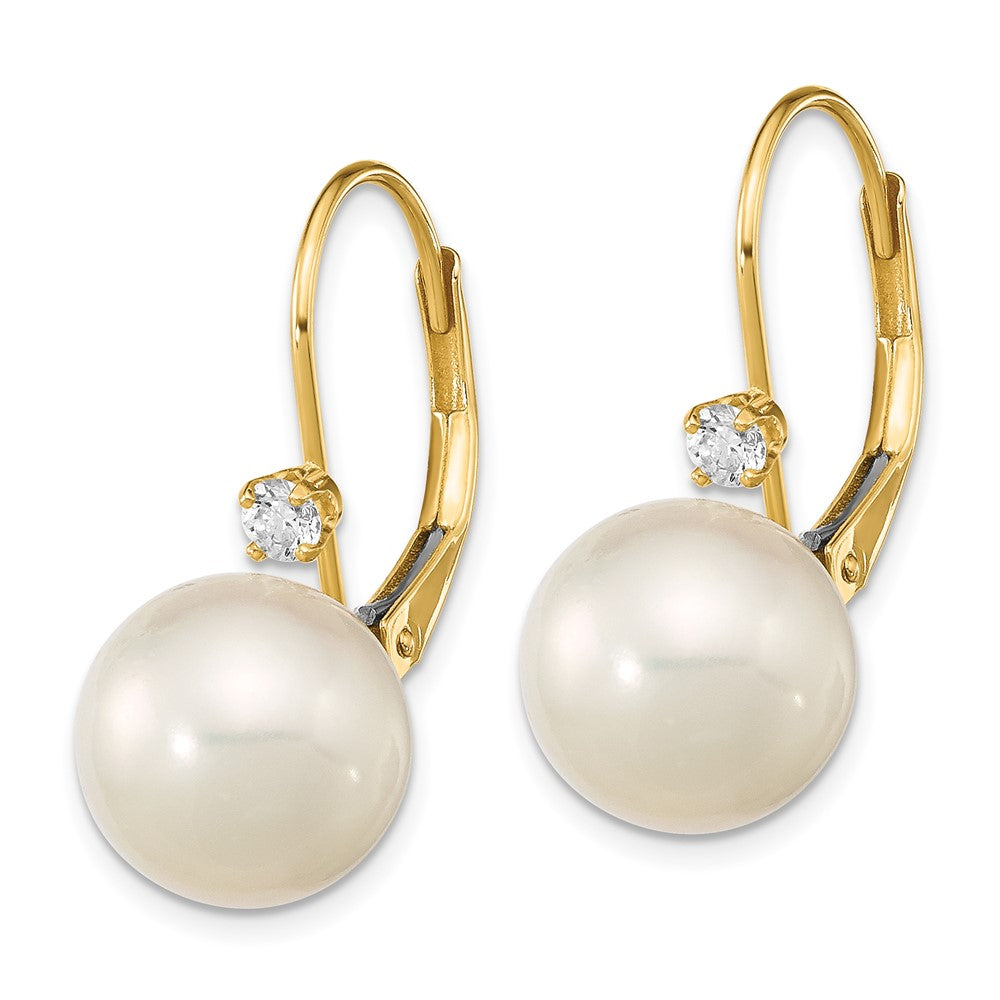 Gold 9-9.5mm White Round FWC Pearl .10ct Diamond Leverback Earrings - Model XF699E - Charlie & Co. Jewelry