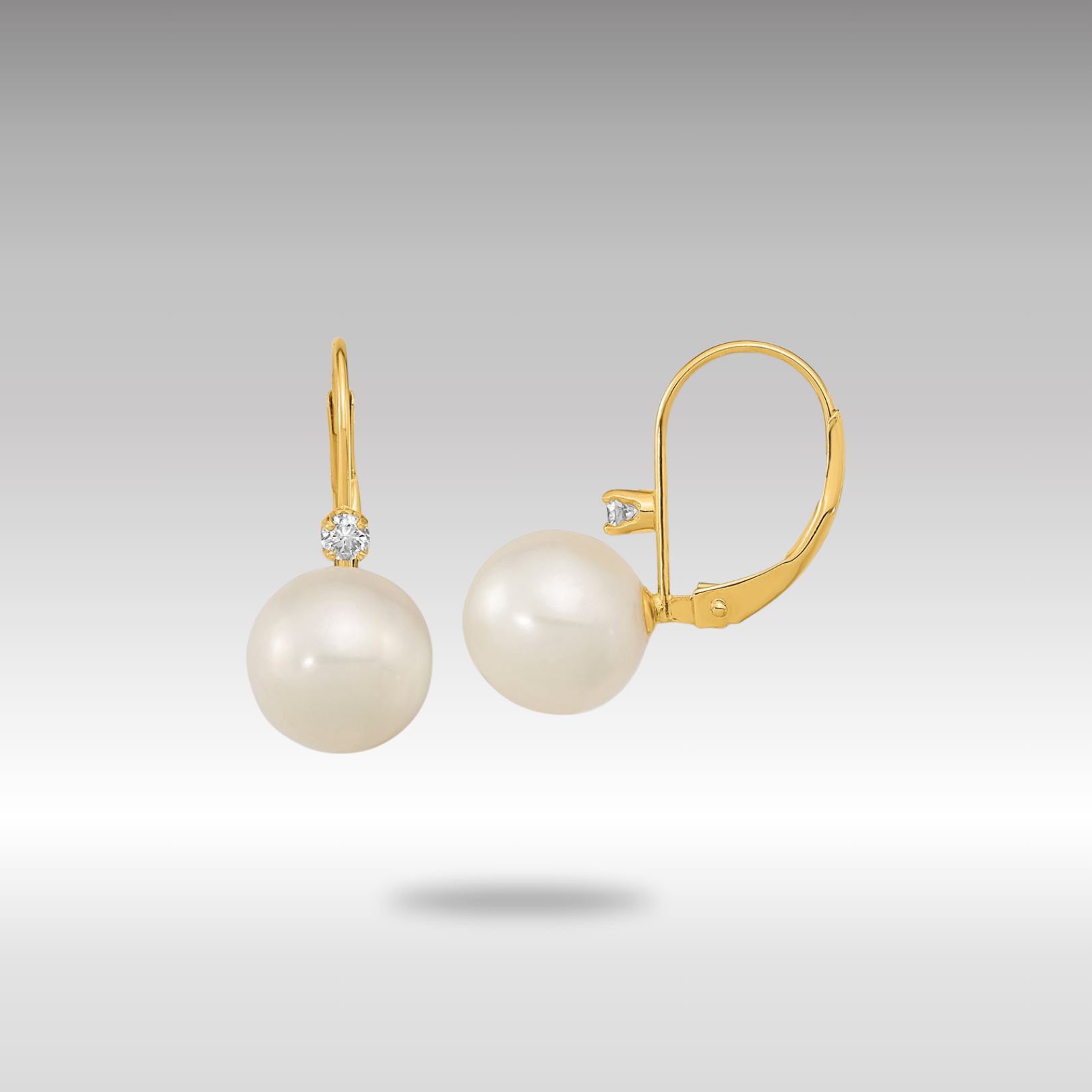 Gold 9-9.5mm White Round FWC Pearl .10ct Diamond Leverback Earrings - Model XF699E - Charlie & Co. Jewelry