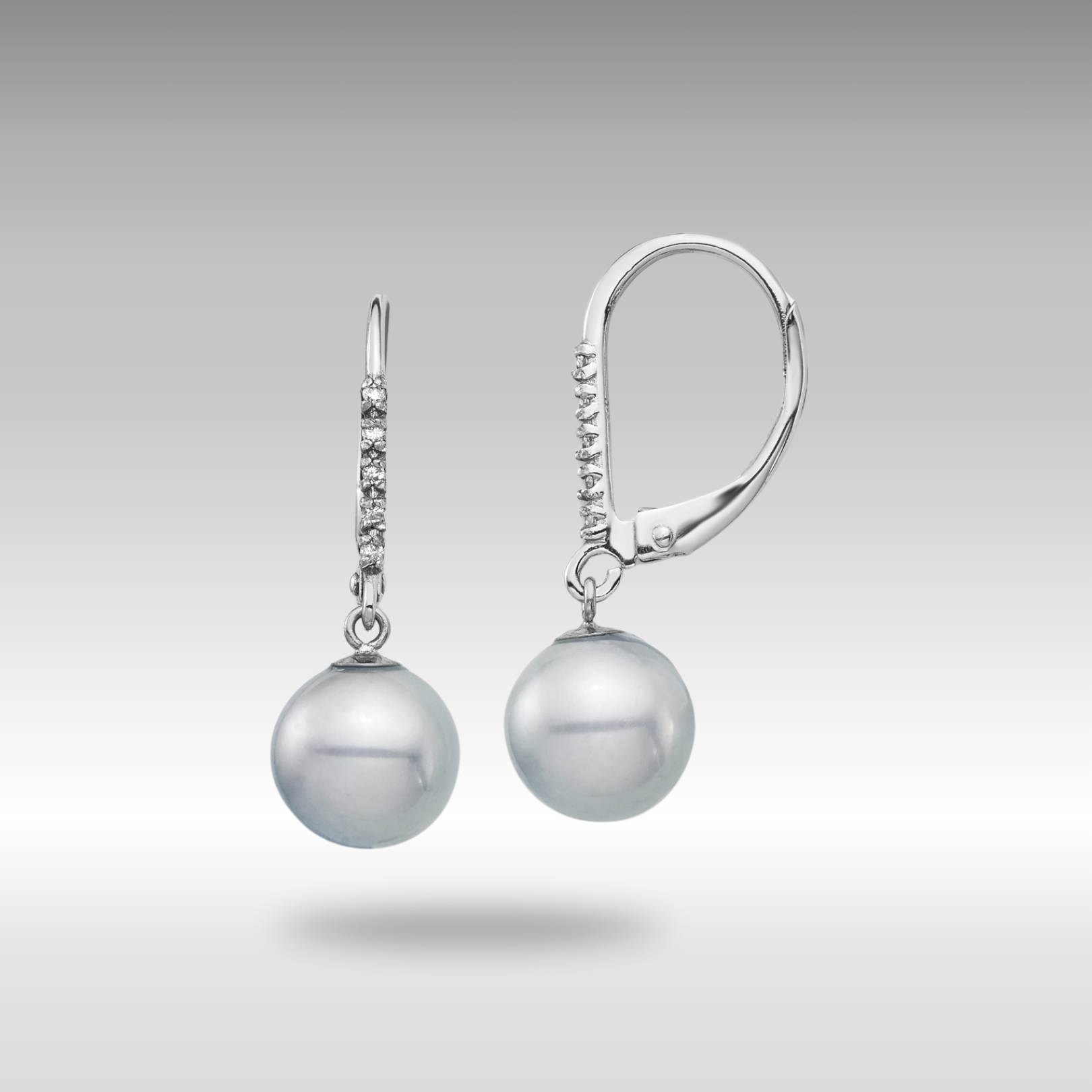 White Gold 8-9mm Grey FWC Pearl .05ct Diamond Leverback Earrings Model-XF701E - Charlie & Co. Jewelry