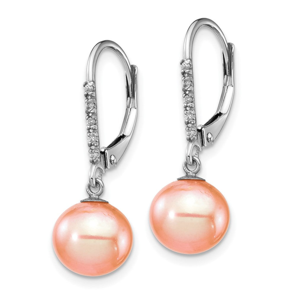 White Gold 8-9mm Pink FWC Pearl .05ct Diamond Leverback Earrings Model-XF702E - Charlie & Co. Jewelry