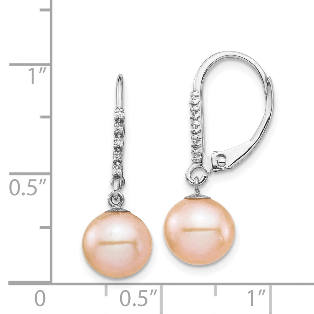 White Gold 8-9mm Pink FWC Pearl .05ct Diamond Leverback Earrings Model-XF702E - Charlie & Co. Jewelry