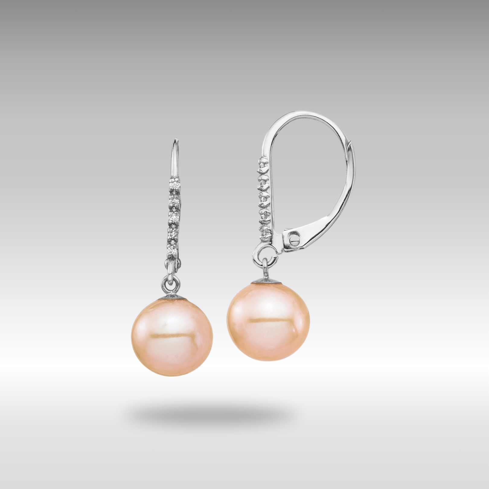 White Gold 8-9mm Pink FWC Pearl .05ct Diamond Leverback Earrings Model-XF702E - Charlie & Co. Jewelry