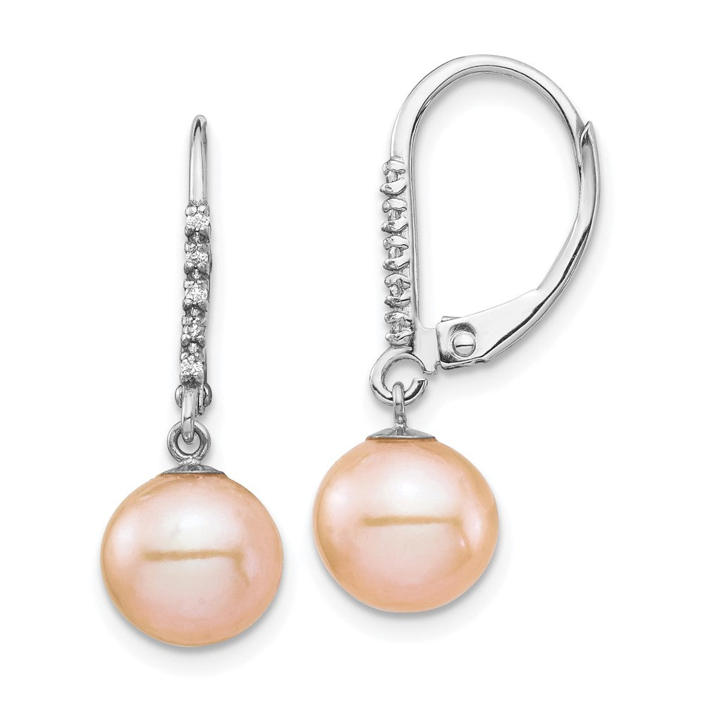 White Gold 8-9mm Pink FWC Pearl .05ct Diamond Leverback Earrings Model-XF702E - Charlie & Co. Jewelry