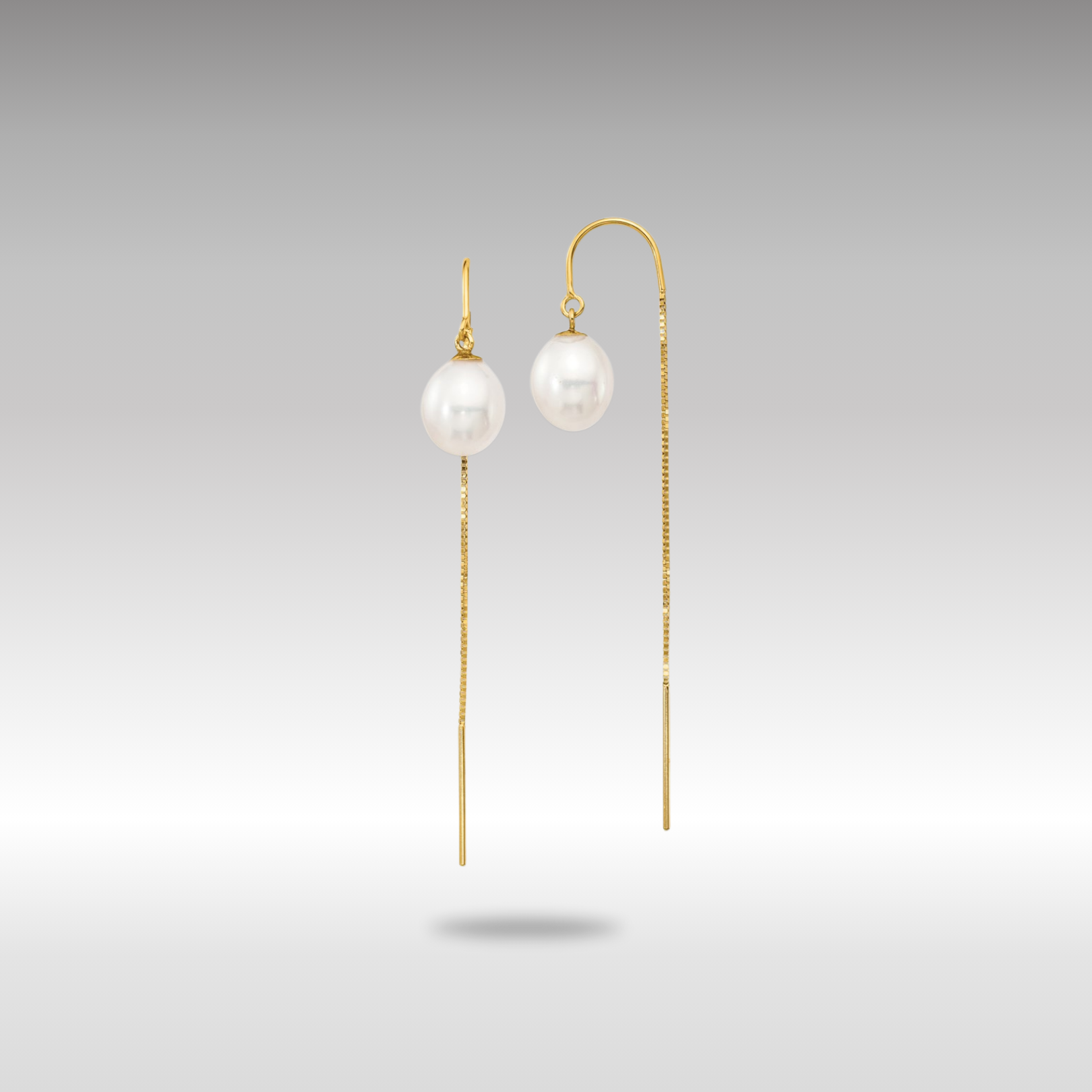 Gold 7-8mm White Rice FW Cultured Pearl Box Chain Threader Earrings - Model XF710E - Charlie & Co. Jewelry