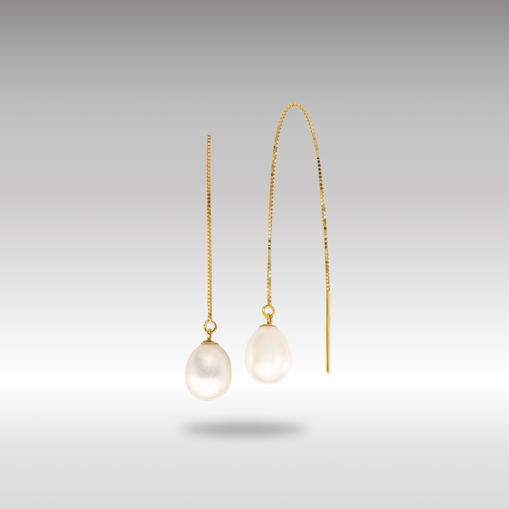 Gold 7-8mm White Teardrop FW Cultured Pearl Box Chain Threader Earrings Model-XF713E - Charlie & Co. Jewelry