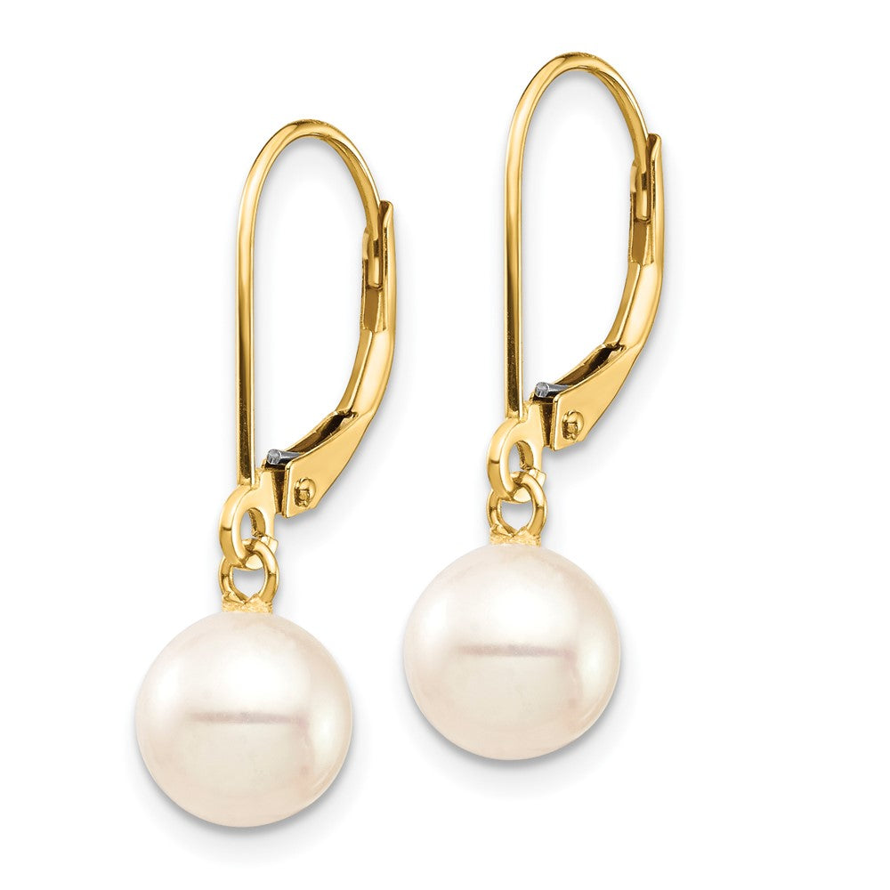 Gold 7-8mm White Round Freshwater Cultured Pearl Leverback Earrings Model-XF725E - Charlie & Co. Jewelry