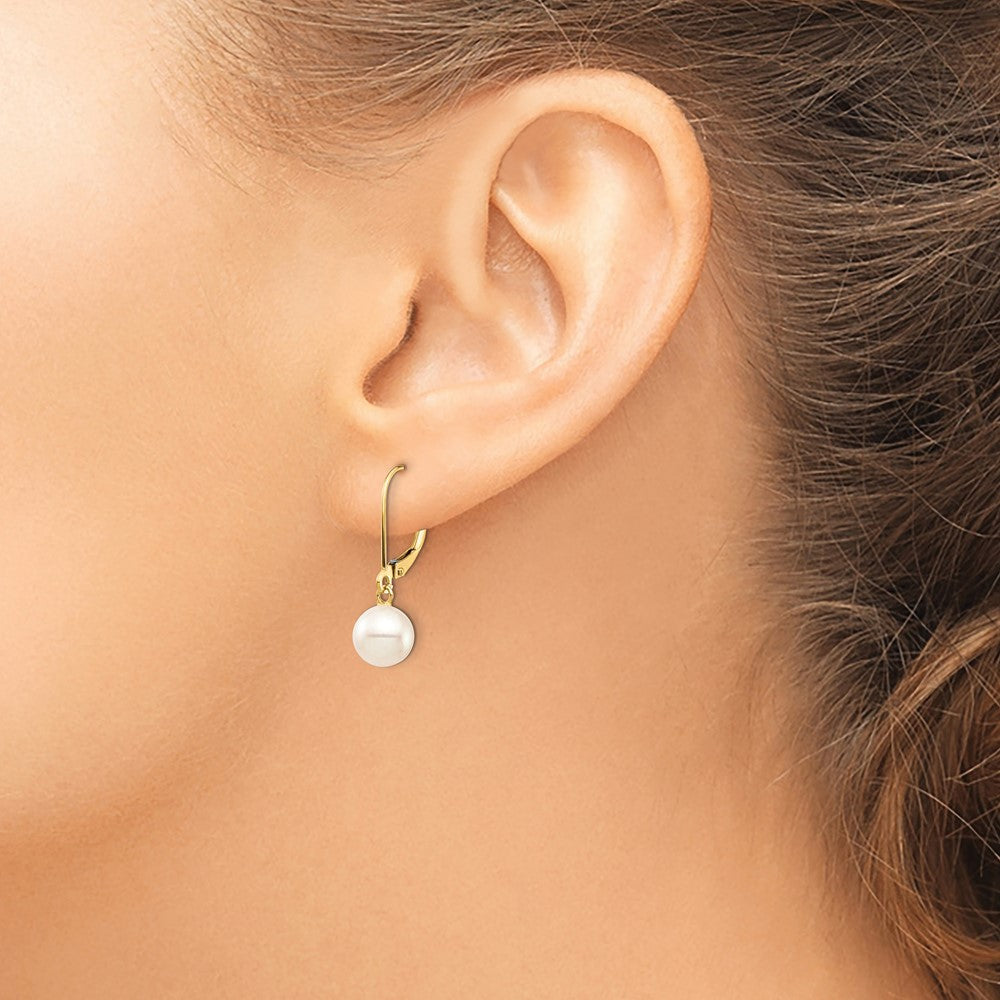 Gold 7-8mm White Round Freshwater Cultured Pearl Leverback Earrings Model-XF725E - Charlie & Co. Jewelry