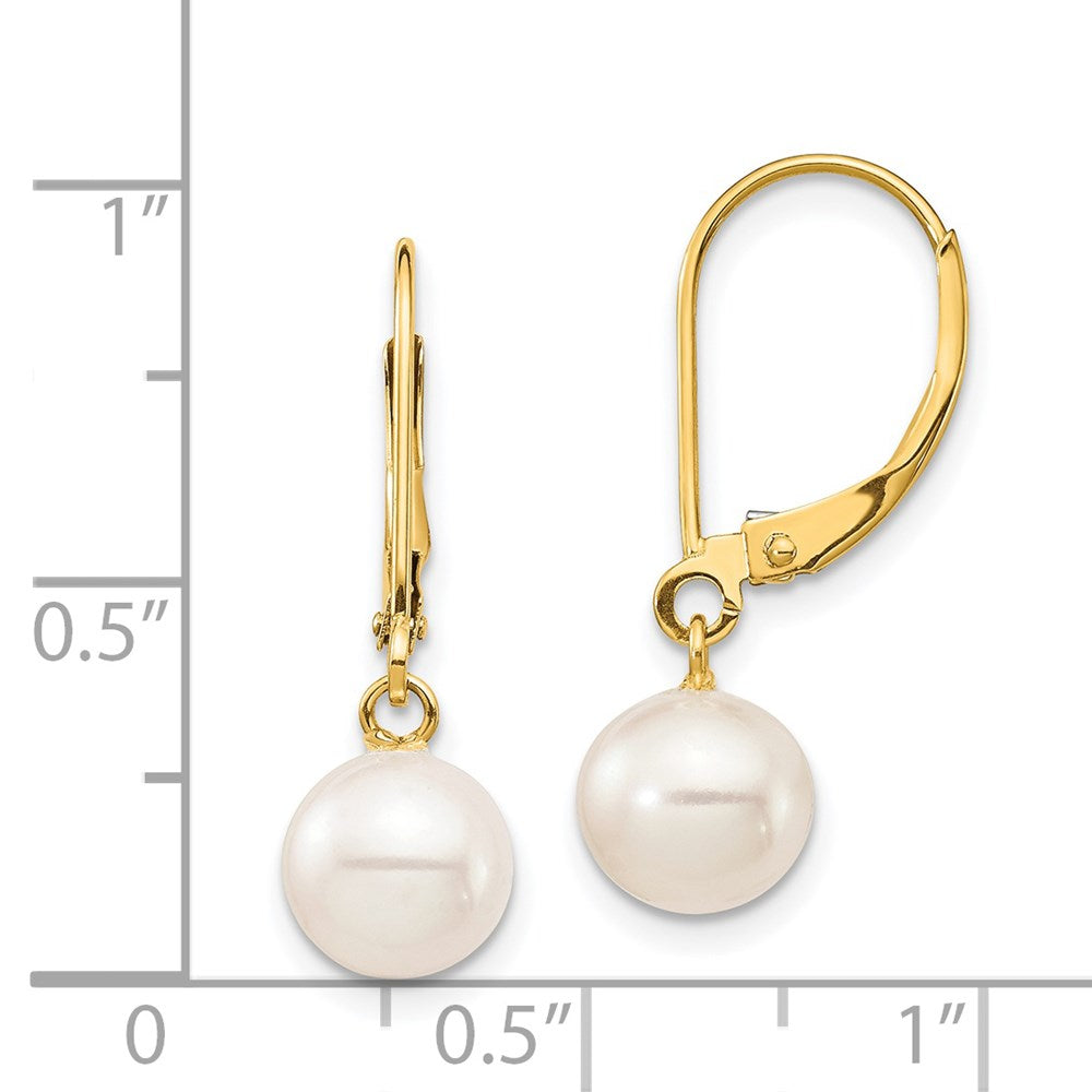 Gold 7-8mm White Round Freshwater Cultured Pearl Leverback Earrings Model-XF725E - Charlie & Co. Jewelry