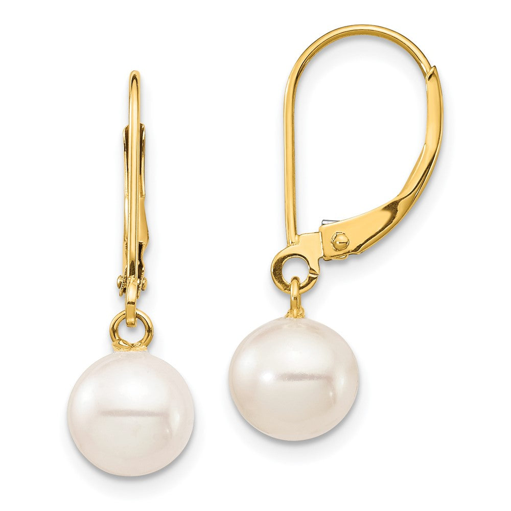 Gold 7-8mm White Round Freshwater Cultured Pearl Leverback Earrings Model-XF725E - Charlie & Co. Jewelry