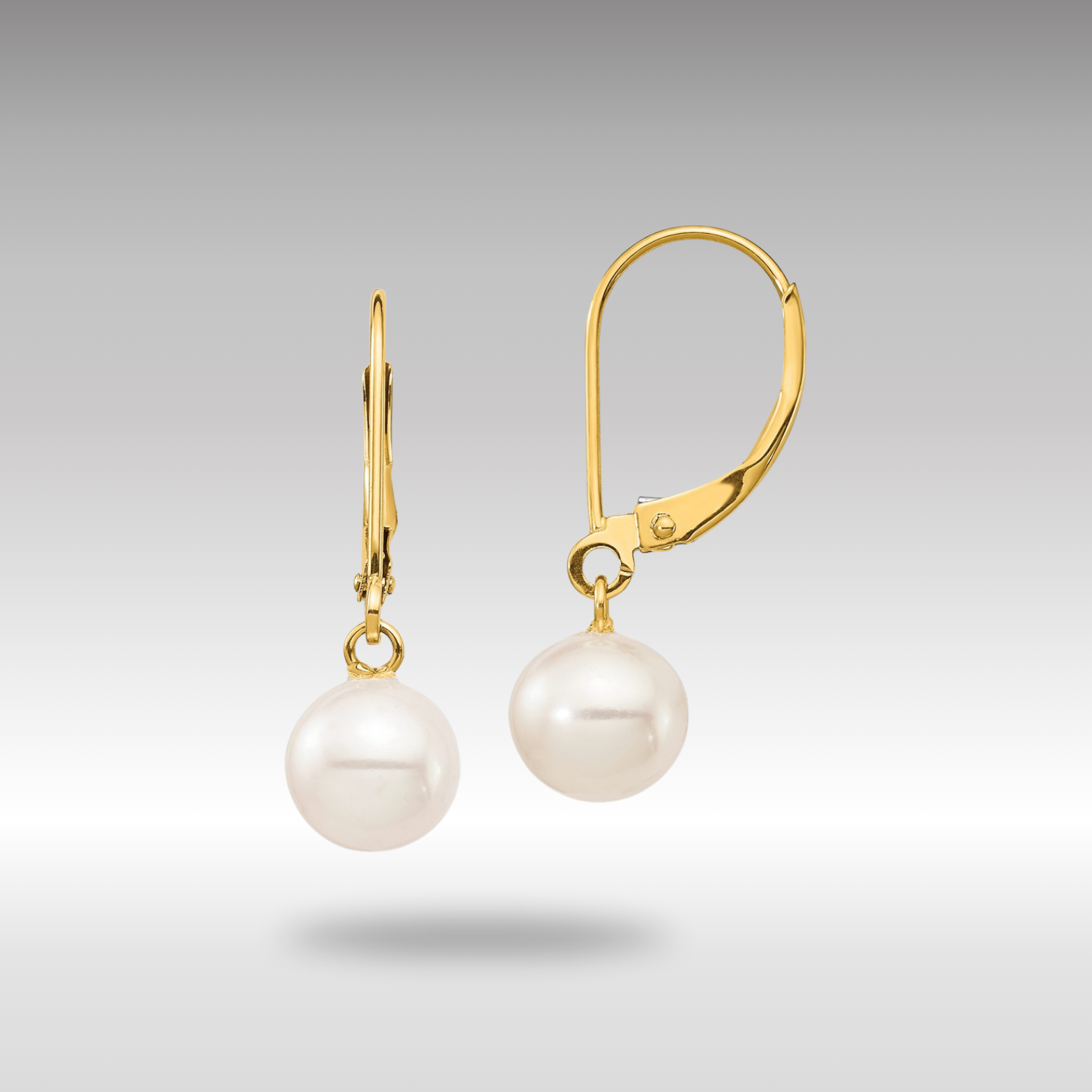 Gold 7-8mm White Round Freshwater Cultured Pearl Leverback Earrings Model-XF725E - Charlie & Co. Jewelry