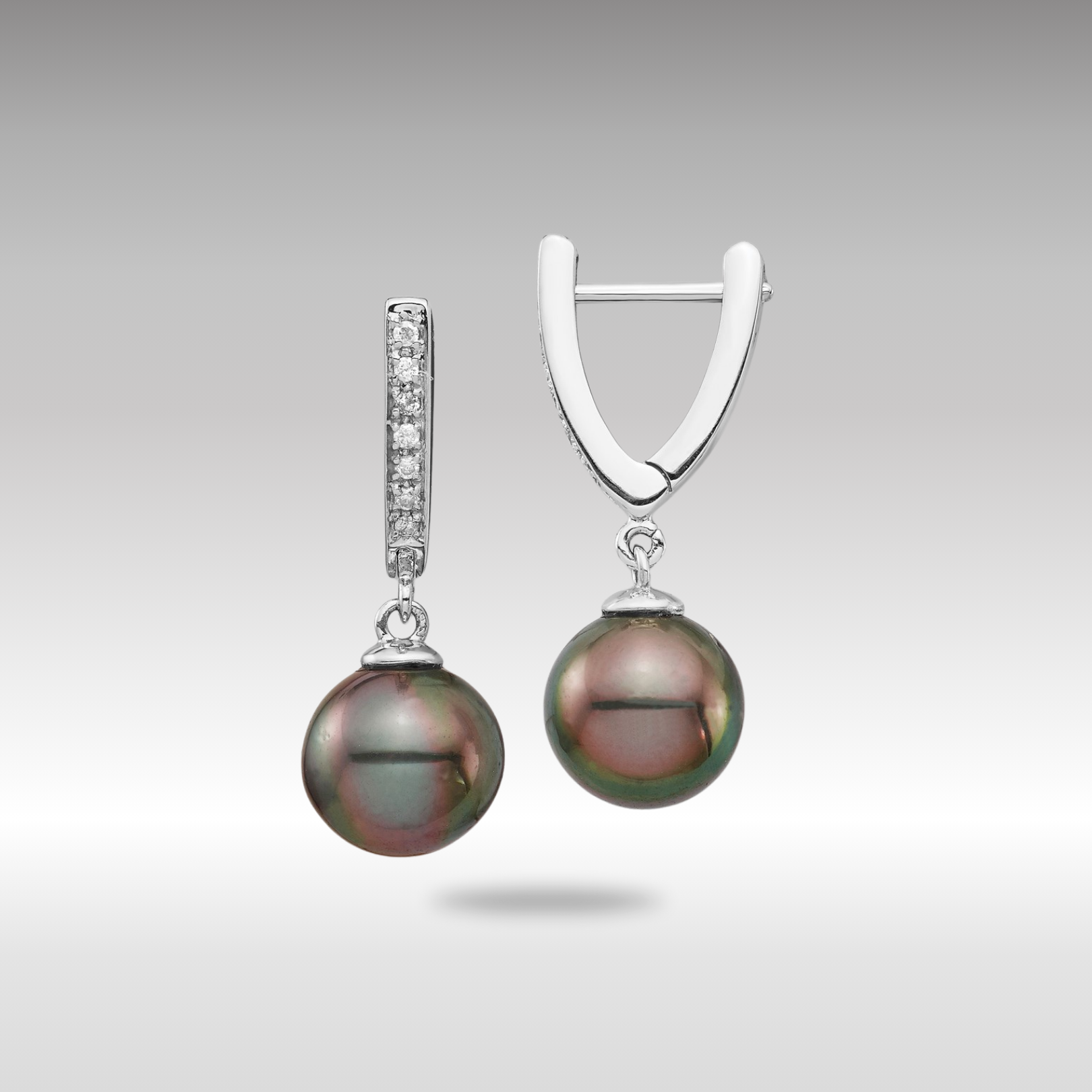 White Gold 9-10mm Round Saltwater Cultured Tahitian Pearl Diamond Dangle Earrings - Model XF733E - Charlie & Co. Jewelry